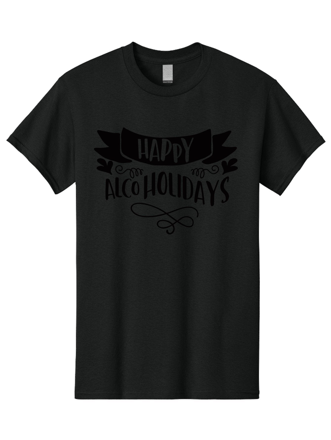 Happy-Alco-Holidays Men'S Graphic Tee, 100% Cotton, Comfortable Casual Summer Wear, Machine Washable, Happy Alco Holidays, Festive Season, Alcohol-Themed, Whimsical Design, Black Ribbon, Playful Typography, Decorative Flourish, Aad973 9