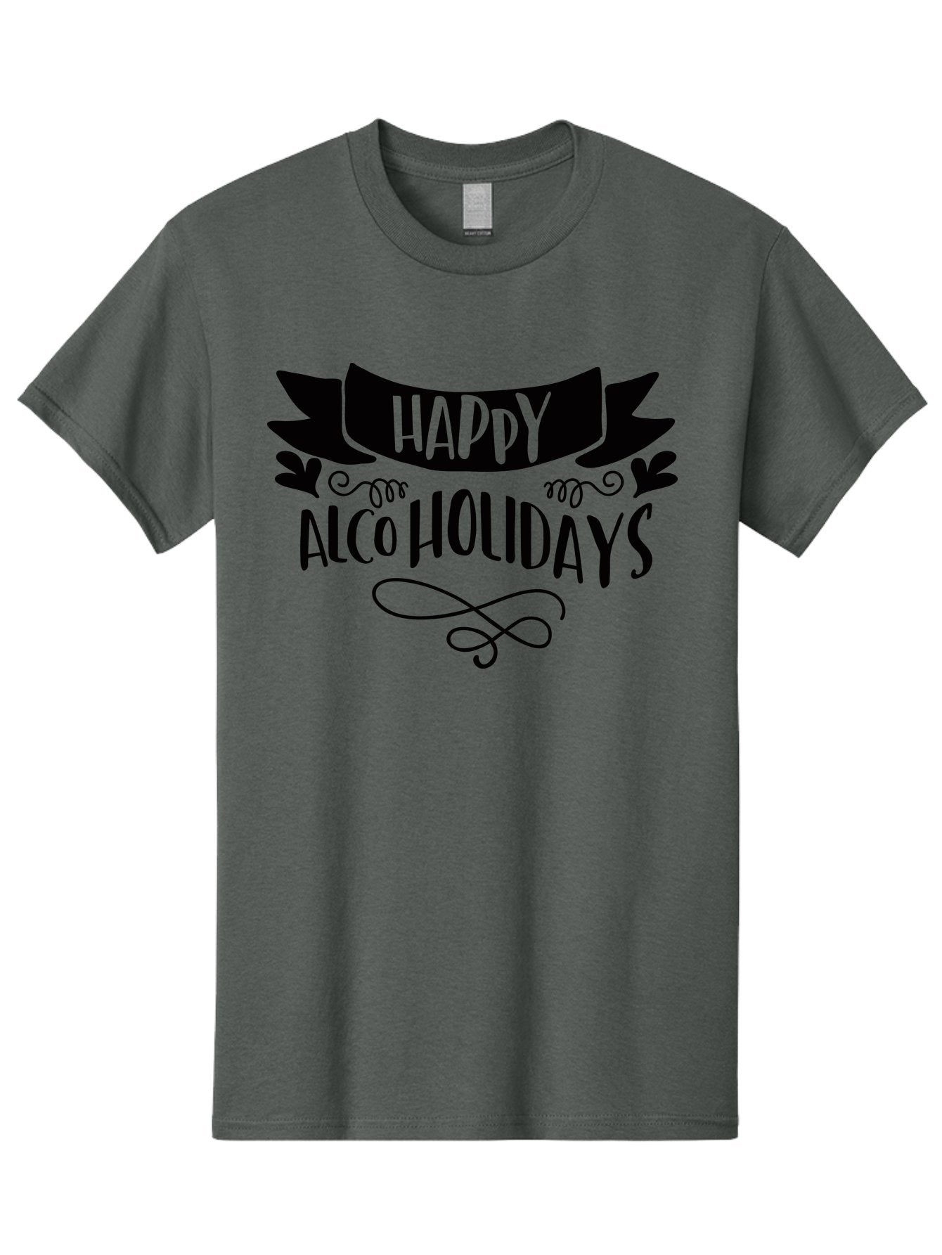 Happy-Alco-Holidays Men'S Graphic Tee, 100% Cotton, Comfortable Casual Summer Wear, Machine Washable, Happy Alco Holidays, Festive Season, Alcohol-Themed, Whimsical Design, Black Ribbon, Playful Typography, Decorative Flourish, Aad973