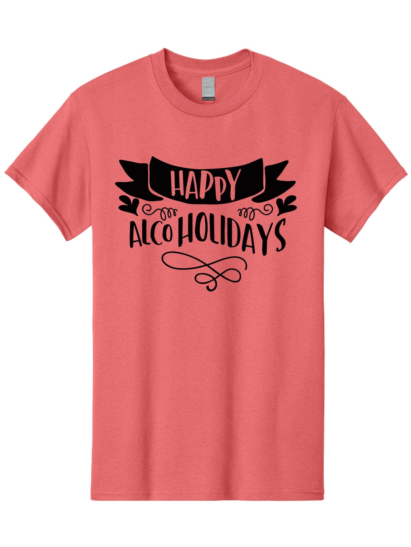 Happy-Alco-Holidays Men'S Graphic Tee, 100% Cotton, Comfortable Casual Summer Wear, Machine Washable, Happy Alco Holidays, Festive Season, Alcohol-Themed, Whimsical Design, Black Ribbon, Playful Typography, Decorative Flourish, Aad973 5