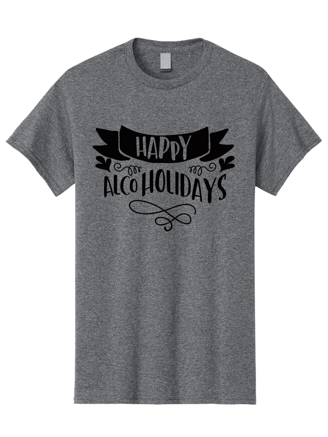Happy-Alco-Holidays Men'S Graphic Tee, 100% Cotton, Comfortable Casual Summer Wear, Machine Washable, Happy Alco Holidays, Festive Season, Alcohol-Themed, Whimsical Design, Black Ribbon, Playful Typography, Decorative Flourish, Aad973