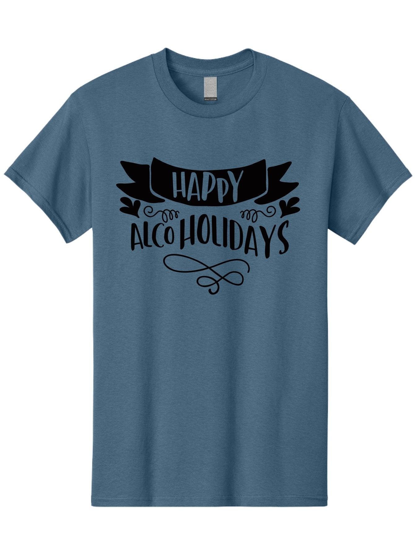 Happy-Alco-Holidays Men'S Graphic Tee, 100% Cotton, Comfortable Casual Summer Wear, Machine Washable, Happy Alco Holidays, Festive Season, Alcohol-Themed, Whimsical Design, Black Ribbon, Playful Typography, Decorative Flourish, Aad973 15