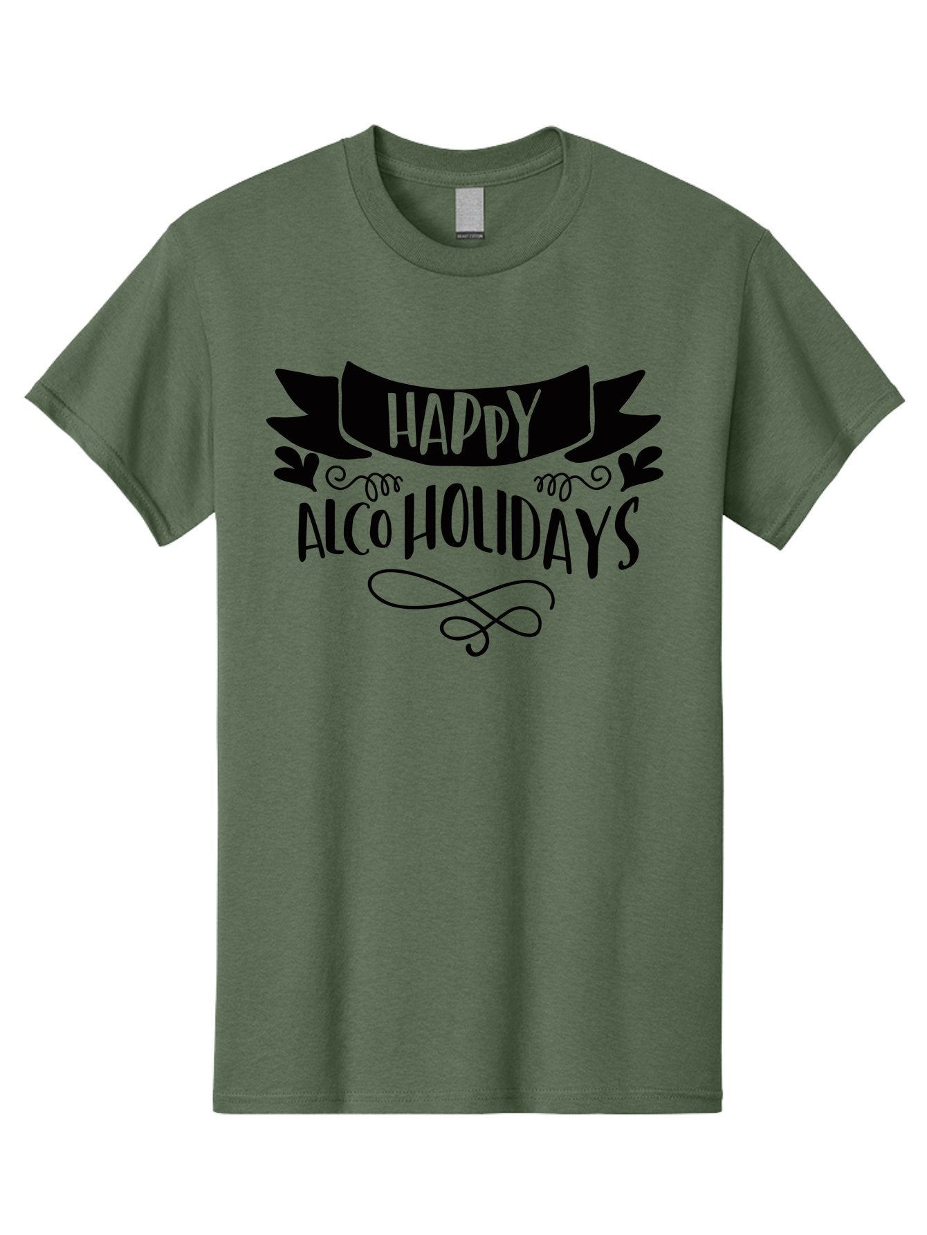Happy-Alco-Holidays Men'S Graphic Tee, 100% Cotton, Comfortable Casual Summer Wear, Machine Washable, Happy Alco Holidays, Festive Season, Alcohol-Themed, Whimsical Design, Black Ribbon, Playful Typography, Decorative Flourish, Aad973 4