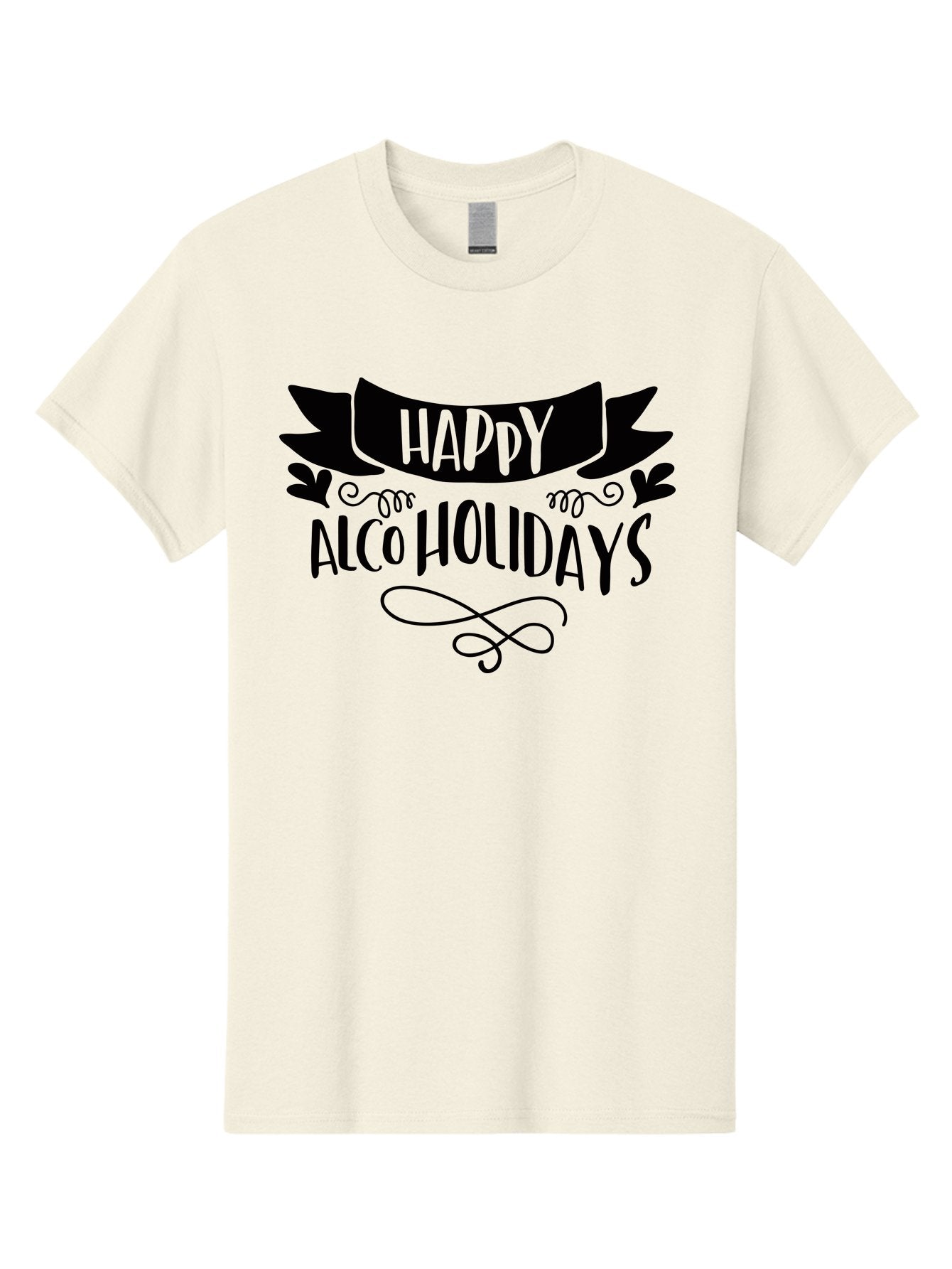 Happy-Alco-Holidays Men'S Graphic Tee, 100% Cotton, Comfortable Casual Summer Wear, Machine Washable, Happy Alco Holidays, Festive Season, Alcohol-Themed, Whimsical Design, Black Ribbon, Playful Typography, Decorative Flourish, Aad973 3