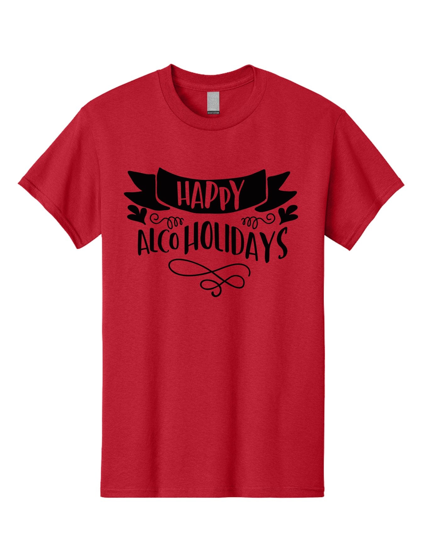 Happy-Alco-Holidays Men'S Graphic Tee, 100% Cotton, Comfortable Casual Summer Wear, Machine Washable, Happy Alco Holidays, Festive Season, Alcohol-Themed, Whimsical Design, Black Ribbon, Playful Typography, Decorative Flourish, Aad973 7