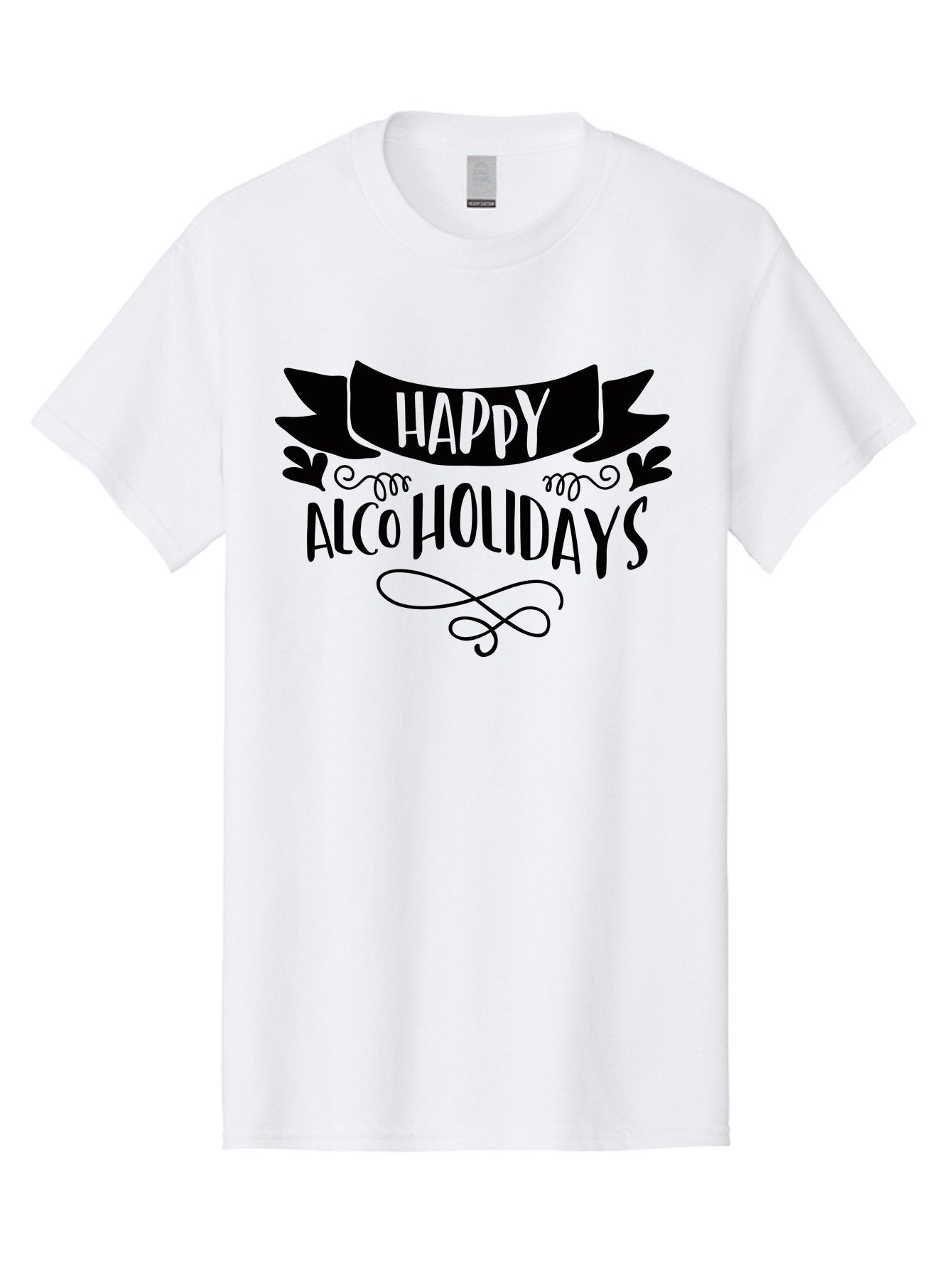 Happy-Alco-Holidays Men'S Graphic Tee, 100% Cotton, Comfortable Casual Summer Wear, Machine Washable, Happy Alco Holidays, Festive Season, Alcohol-Themed, Whimsical Design, Black Ribbon, Playful Typography, Decorative Flourish, Aad973 10