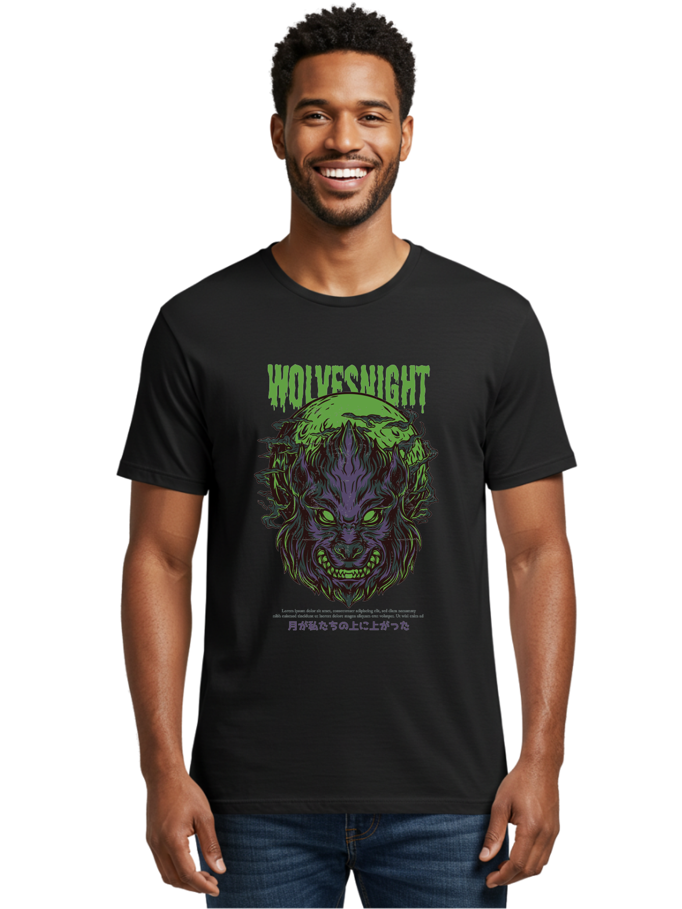 Wolvesnight Men'S Graphic Tee, 100% Cotton, Comfortable Casual Summer Wear, Machine Washable, Werewolf Illustration, Full Moon, Sharp Teeth, Glowing Eyes, Horror Theme, Dark Art, Mystical Creature, Legend Of The Wolf, Japanese Text, Aad991 20
