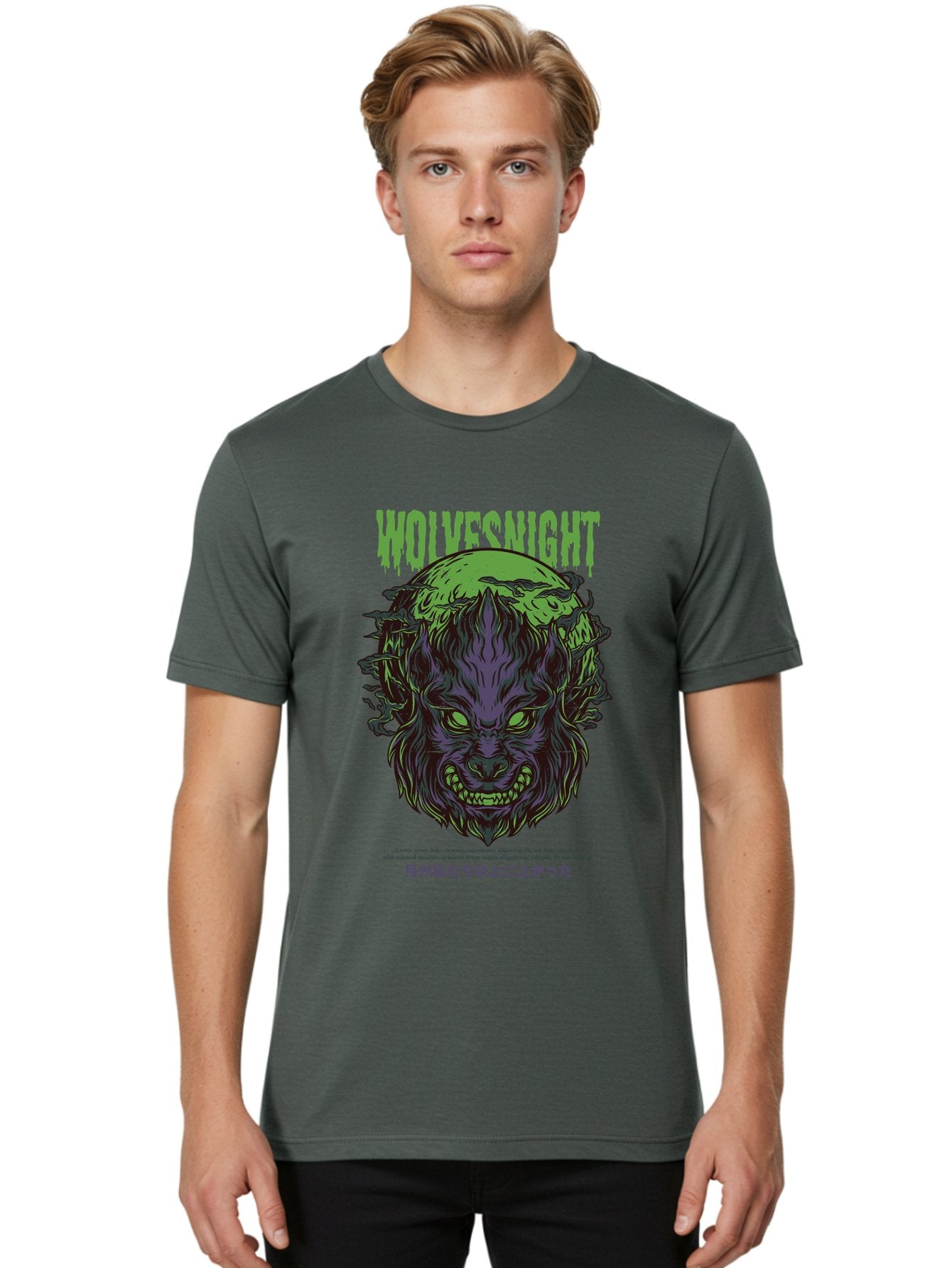 Wolvesnight Men'S Graphic Tee, 100% Cotton, Comfortable Casual Summer Wear, Machine Washable, Werewolf Illustration, Full Moon, Sharp Teeth, Glowing Eyes, Horror Theme, Dark Art, Mystical Creature, Legend Of The Wolf, Japanese Text, Aad991 28