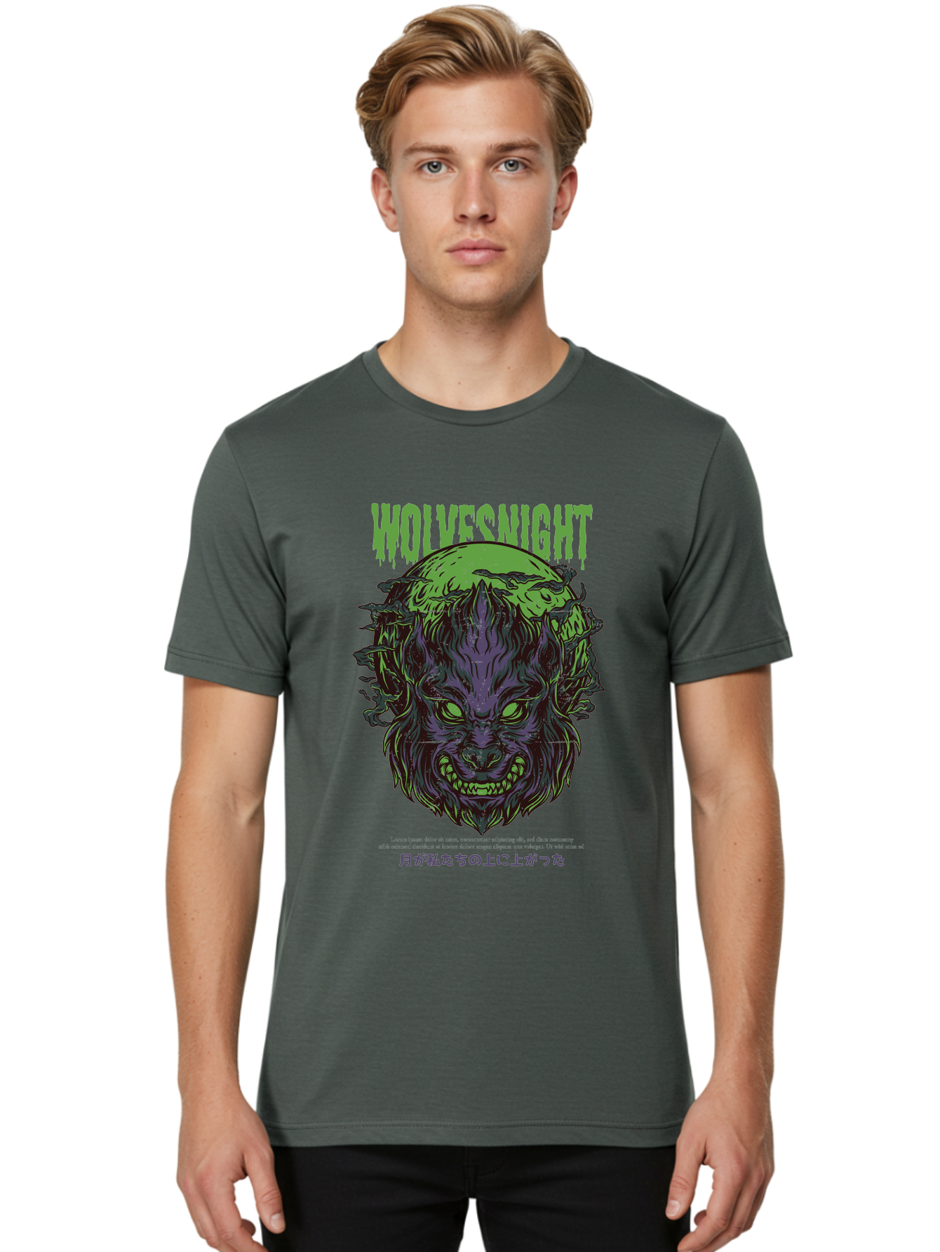 Wolvesnight Men'S Graphic Tee, 100% Cotton, Comfortable Casual Summer Wear, Machine Washable, Werewolf Illustration, Full Moon, Sharp Teeth, Glowing Eyes, Horror Theme, Dark Art, Mystical Creature, Legend Of The Wolf, Japanese Text, Aad991 6