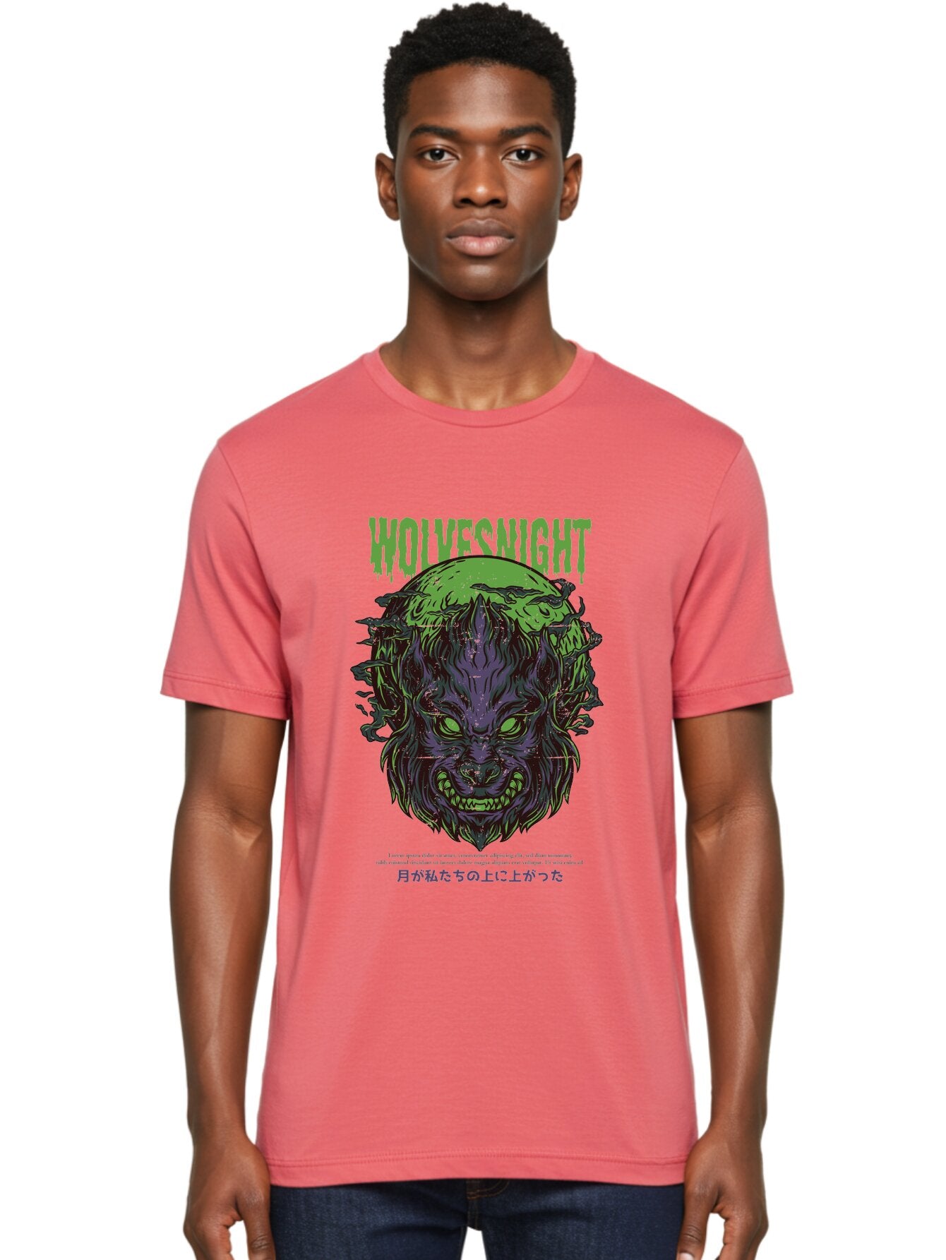 Wolvesnight Men'S Graphic Tee, 100% Cotton, Comfortable Casual Summer Wear, Machine Washable, Werewolf Illustration, Full Moon, Sharp Teeth, Glowing Eyes, Horror Theme, Dark Art, Mystical Creature, Legend Of The Wolf, Japanese Text, Aad991 27