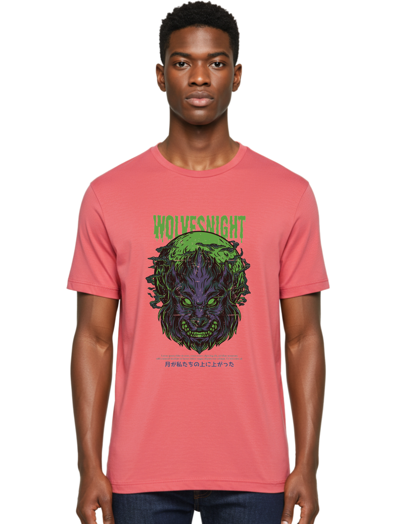 Wolvesnight Men'S Graphic Tee, 100% Cotton, Comfortable Casual Summer Wear, Machine Washable, Werewolf Illustration, Full Moon, Sharp Teeth, Glowing Eyes, Horror Theme, Dark Art, Mystical Creature, Legend Of The Wolf, Japanese Text, Aad991 8