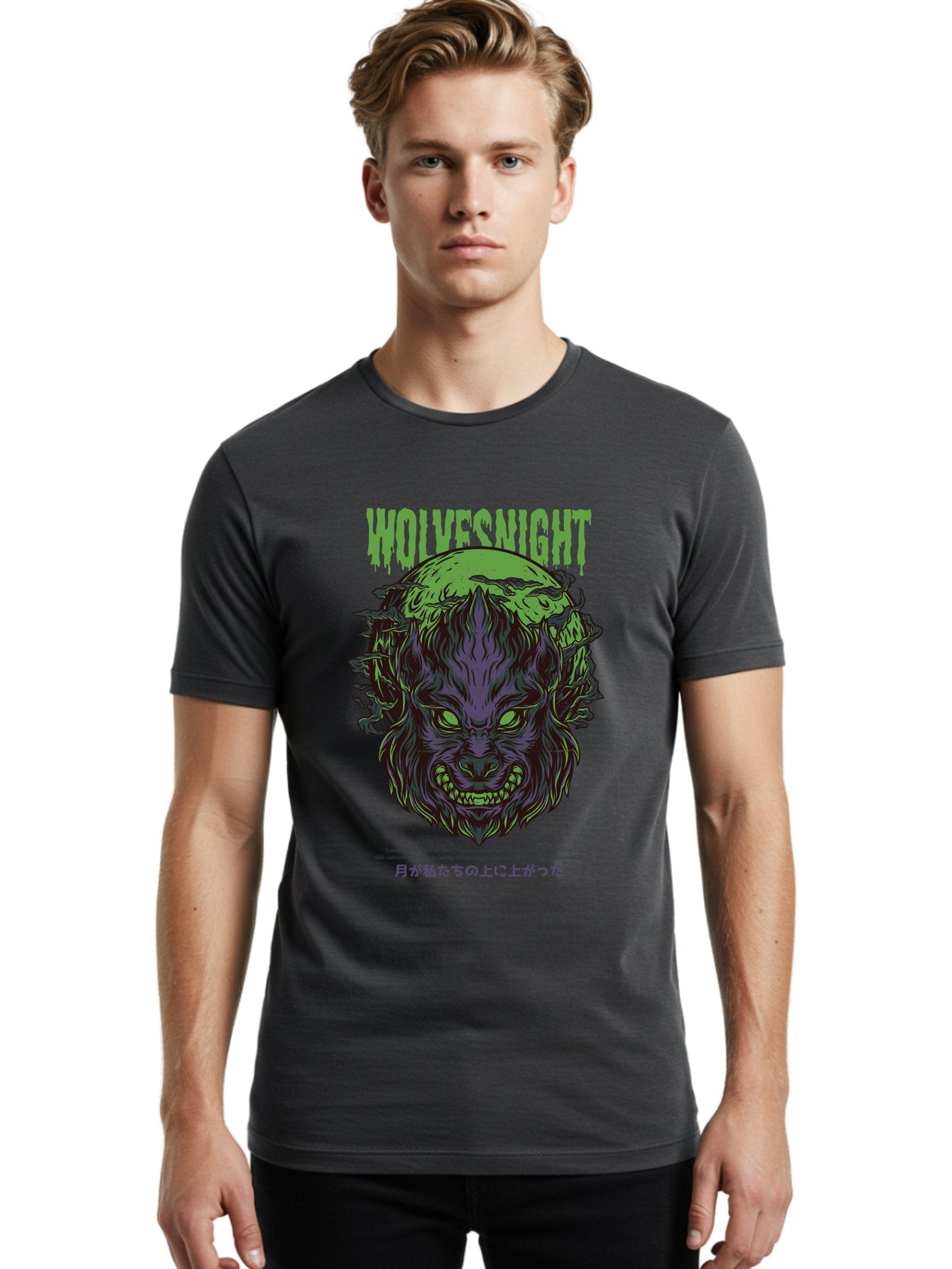 Wolvesnight Men'S Graphic Tee, 100% Cotton, Comfortable Casual Summer Wear, Machine Washable, Werewolf Illustration, Full Moon, Sharp Teeth, Glowing Eyes, Horror Theme, Dark Art, Mystical Creature, Legend Of The Wolf, Japanese Text, Aad991 16