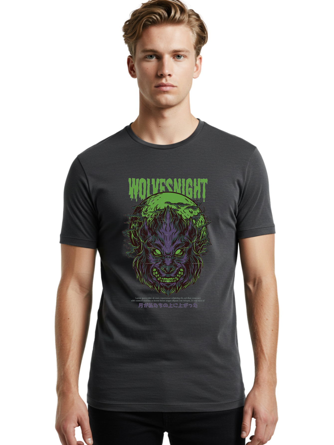 Wolvesnight Men'S Graphic Tee, 100% Cotton, Comfortable Casual Summer Wear, Machine Washable, Werewolf Illustration, Full Moon, Sharp Teeth, Glowing Eyes, Horror Theme, Dark Art, Mystical Creature, Legend Of The Wolf, Japanese Text, Aad991 26