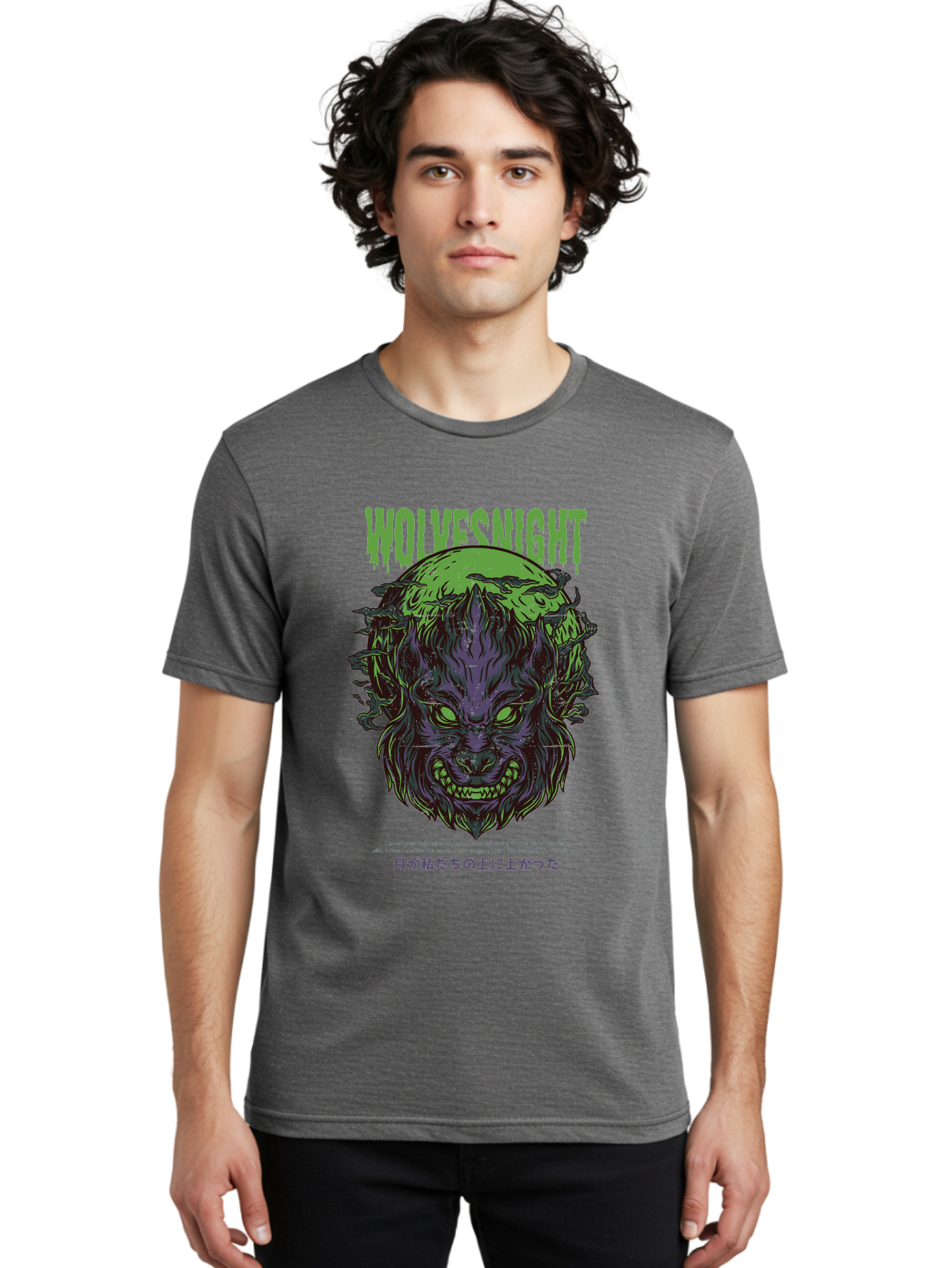 Wolvesnight Men'S Graphic Tee, 100% Cotton, Comfortable Casual Summer Wear, Machine Washable, Werewolf Illustration, Full Moon, Sharp Teeth, Glowing Eyes, Horror Theme, Dark Art, Mystical Creature, Legend Of The Wolf, Japanese Text, Aad991 18