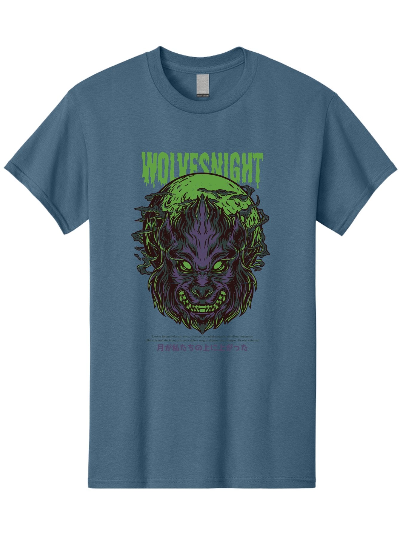 Wolvesnight Men'S Graphic Tee, 100% Cotton, Comfortable Casual Summer Wear, Machine Washable, Werewolf Illustration, Full Moon, Sharp Teeth, Glowing Eyes, Horror Theme, Dark Art, Mystical Creature, Legend Of The Wolf, Japanese Text, Aad991 8
