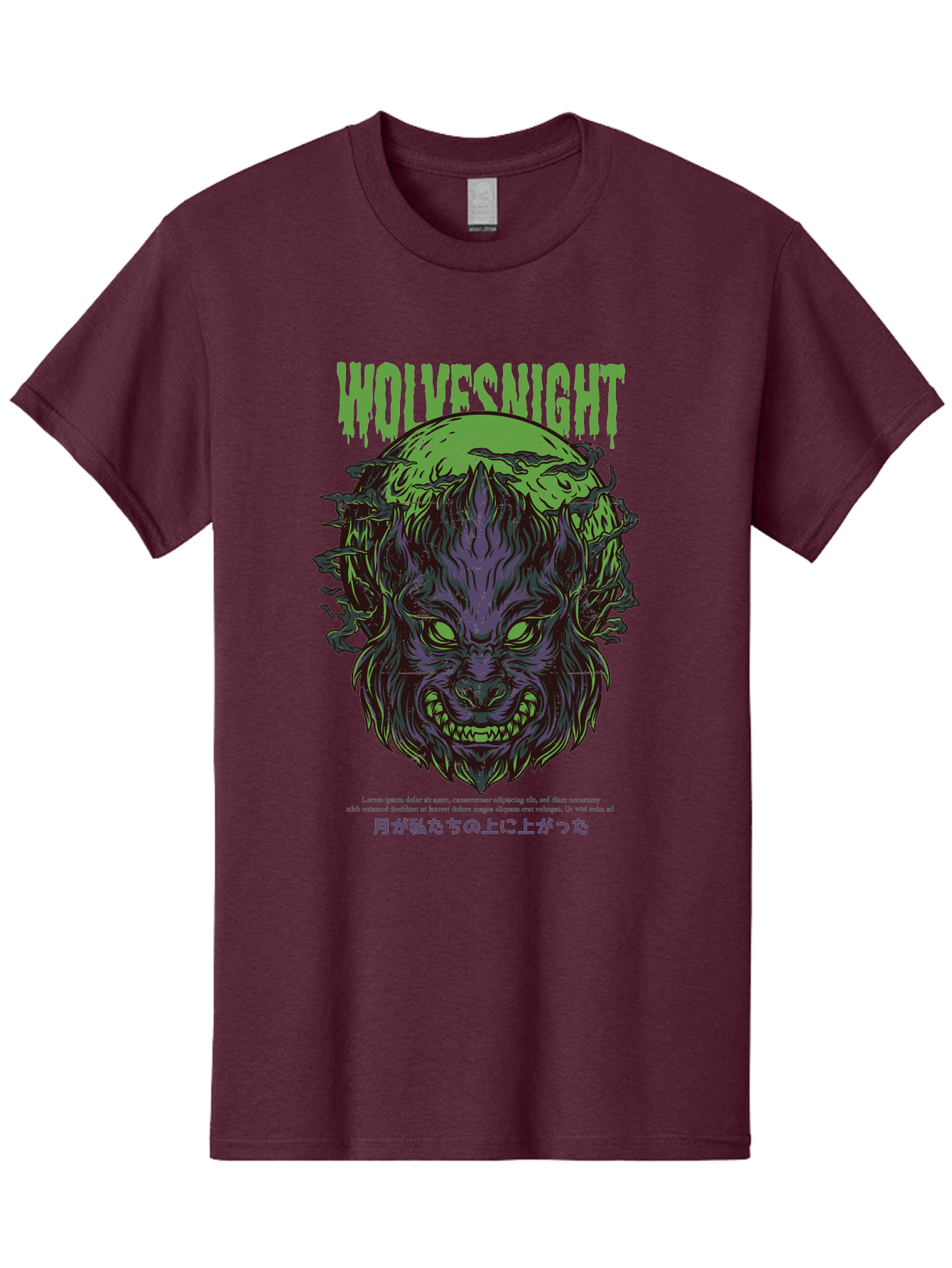 Wolvesnight Men'S Graphic Tee, 100% Cotton, Comfortable Casual Summer Wear, Machine Washable, Werewolf Illustration, Full Moon, Sharp Teeth, Glowing Eyes, Horror Theme, Dark Art, Mystical Creature, Legend Of The Wolf, Japanese Text, Aad991 23