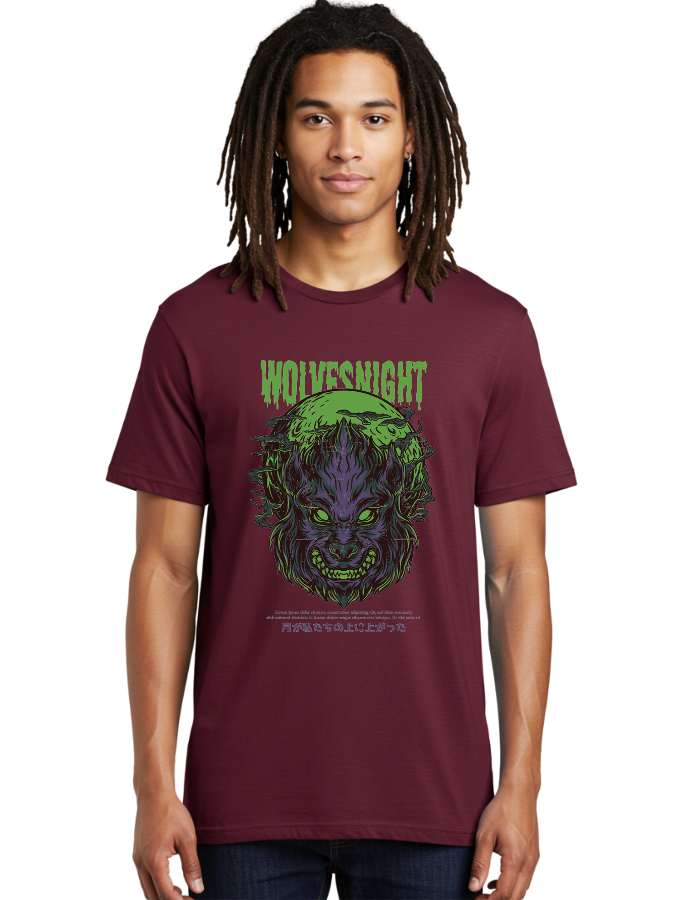 Wolvesnight Men'S Graphic Tee, 100% Cotton, Comfortable Casual Summer Wear, Machine Washable, Werewolf Illustration, Full Moon, Sharp Teeth, Glowing Eyes, Horror Theme, Dark Art, Mystical Creature, Legend Of The Wolf, Japanese Text, Aad991 24