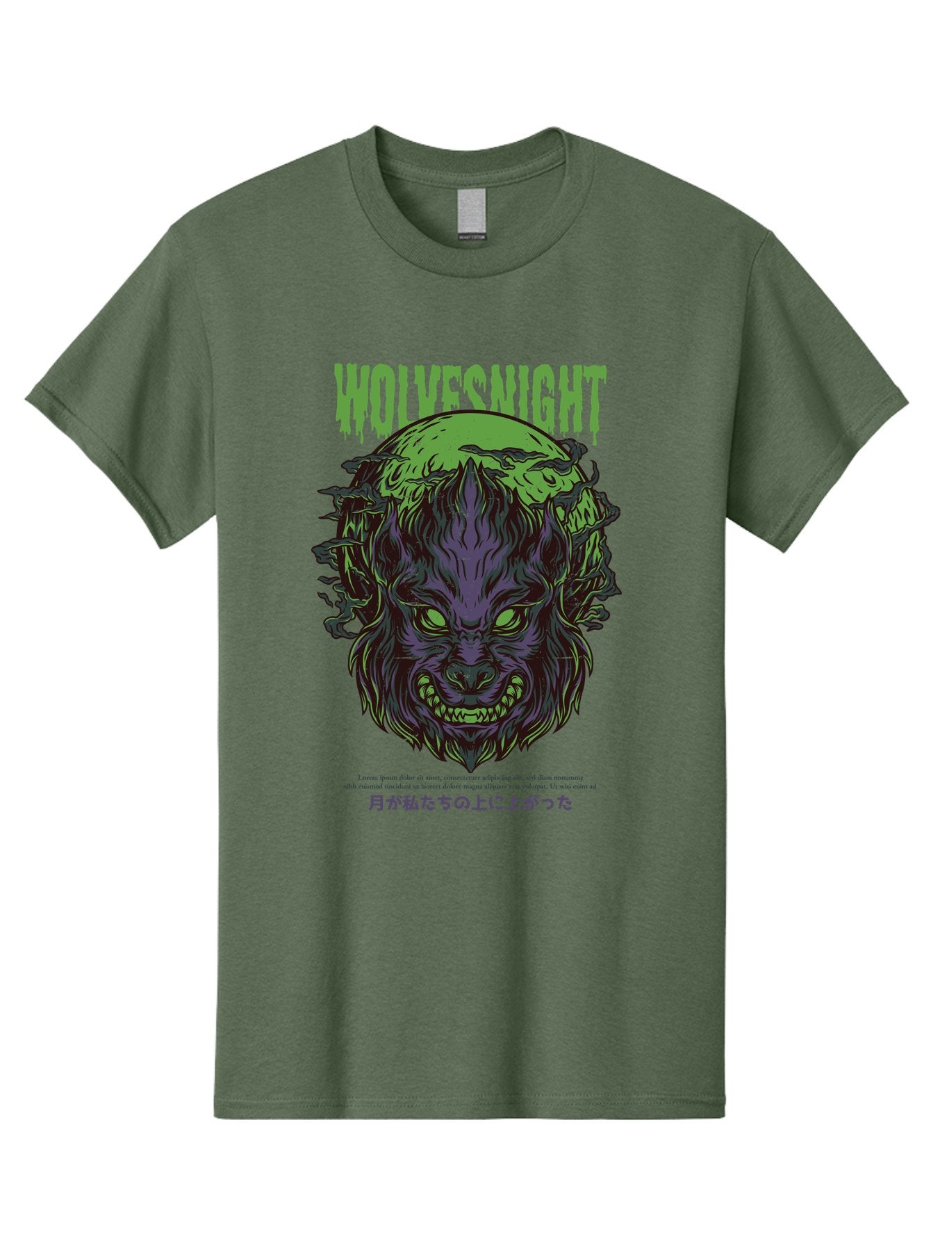 Wolvesnight Men'S Graphic Tee, 100% Cotton, Comfortable Casual Summer Wear, Machine Washable, Werewolf Illustration, Full Moon, Sharp Teeth, Glowing Eyes, Horror Theme, Dark Art, Mystical Creature, Legend Of The Wolf, Japanese Text, Aad991 10