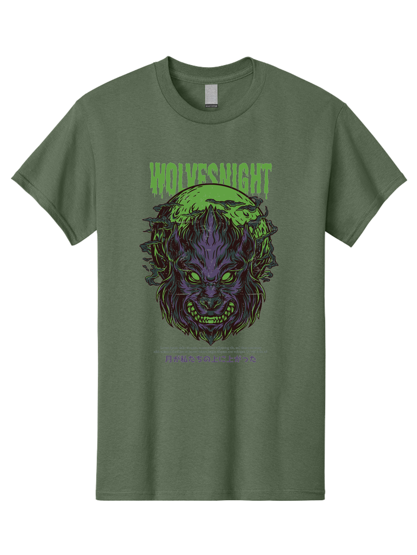 Wolvesnight Men'S Graphic Tee, 100% Cotton, Comfortable Casual Summer Wear, Machine Washable, Werewolf Illustration, Full Moon, Sharp Teeth, Glowing Eyes, Horror Theme, Dark Art, Mystical Creature, Legend Of The Wolf, Japanese Text, Aad991 27
