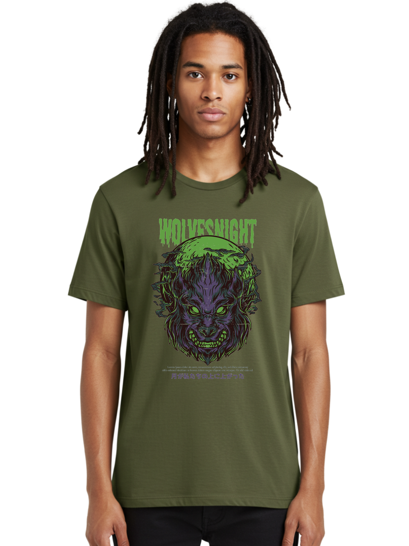 Wolvesnight Men'S Graphic Tee, 100% Cotton, Comfortable Casual Summer Wear, Machine Washable, Werewolf Illustration, Full Moon, Sharp Teeth, Glowing Eyes, Horror Theme, Dark Art, Mystical Creature, Legend Of The Wolf, Japanese Text, Aad991 28