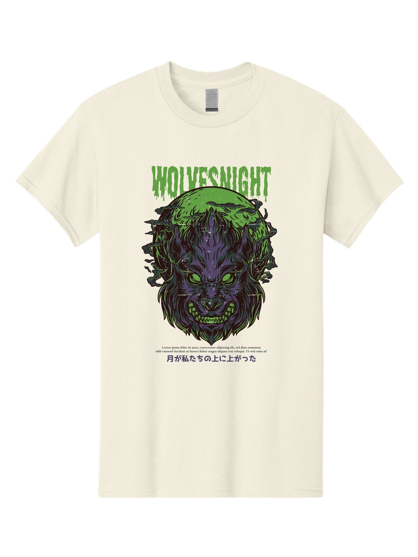 Wolvesnight Men'S Graphic Tee, 100% Cotton, Comfortable Casual Summer Wear, Machine Washable, Werewolf Illustration, Full Moon, Sharp Teeth, Glowing Eyes, Horror Theme, Dark Art, Mystical Creature, Legend Of The Wolf, Japanese Text, Aad991