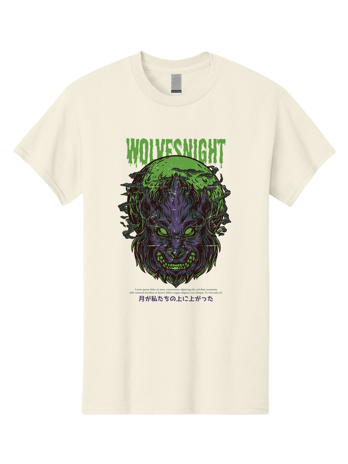Wolvesnight Men'S Graphic Tee, 100% Cotton, Comfortable Casual Summer Wear, Machine Washable, Werewolf Illustration, Full Moon, Sharp Teeth, Glowing Eyes, Horror Theme, Dark Art, Mystical Creature, Legend Of The Wolf, Japanese Text, Aad991 21