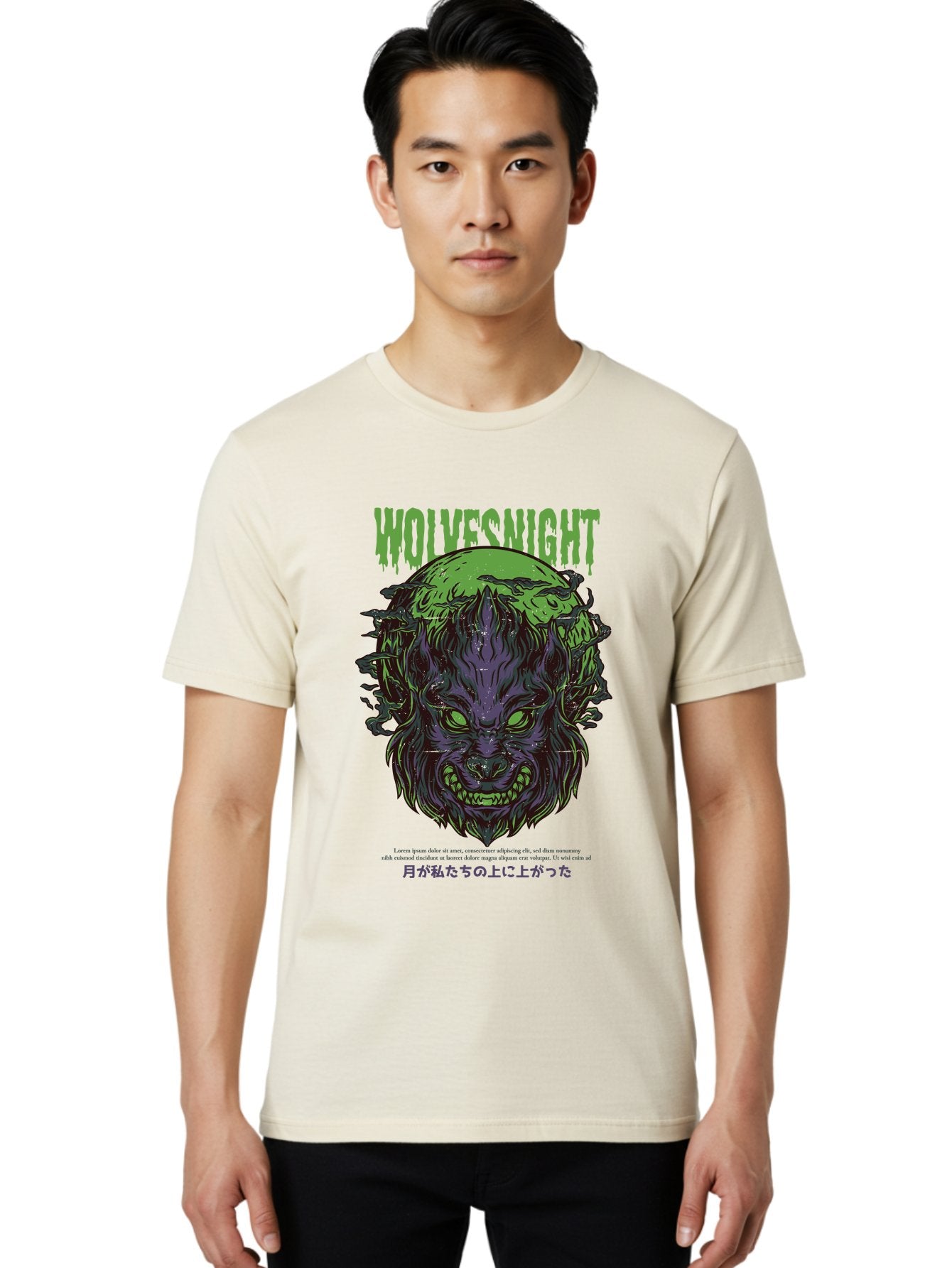 Wolvesnight Men'S Graphic Tee, 100% Cotton, Comfortable Casual Summer Wear, Machine Washable, Werewolf Illustration, Full Moon, Sharp Teeth, Glowing Eyes, Horror Theme, Dark Art, Mystical Creature, Legend Of The Wolf, Japanese Text, Aad991 19