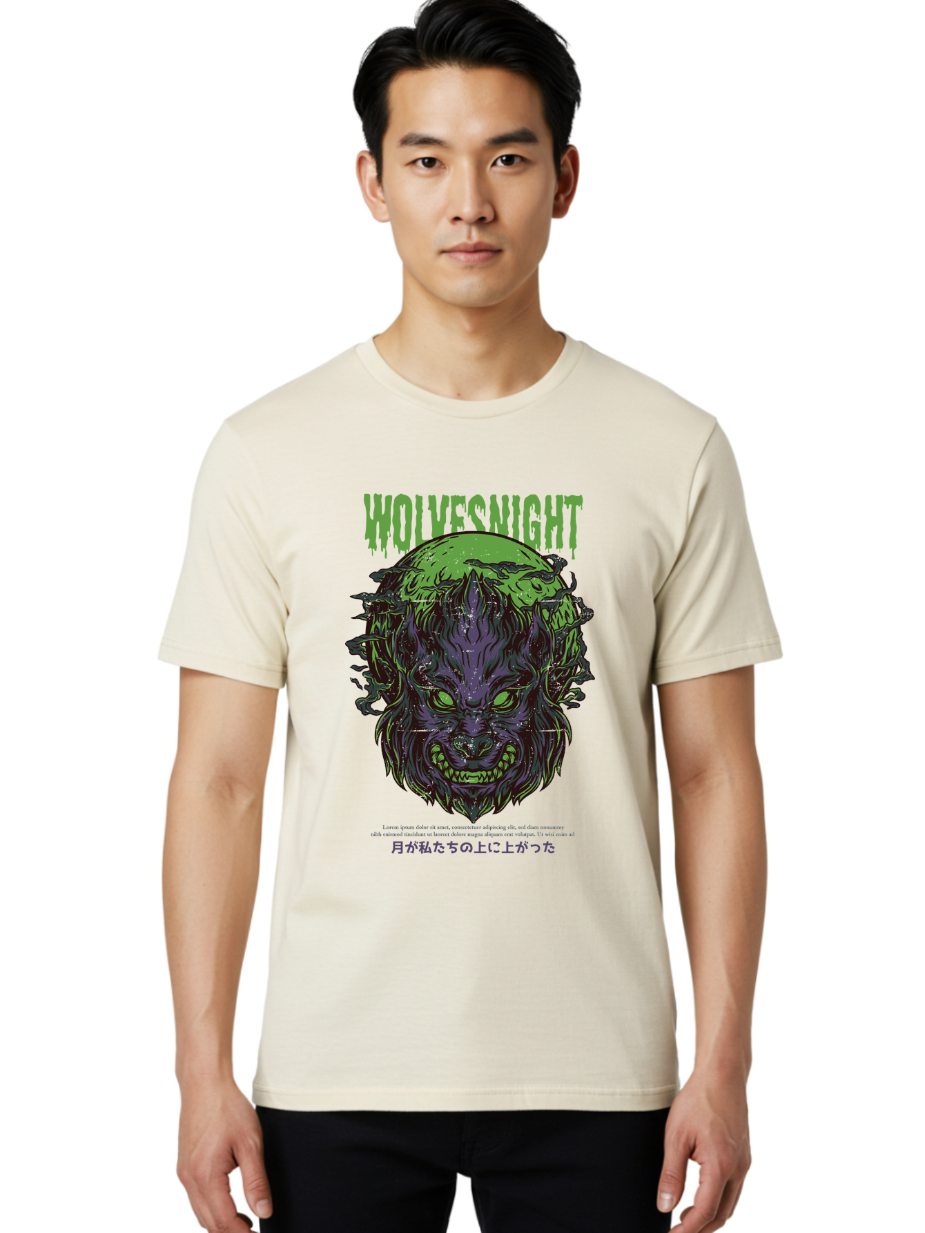 Wolvesnight Men'S Graphic Tee, 100% Cotton, Comfortable Casual Summer Wear, Machine Washable, Werewolf Illustration, Full Moon, Sharp Teeth, Glowing Eyes, Horror Theme, Dark Art, Mystical Creature, Legend Of The Wolf, Japanese Text, Aad991 22