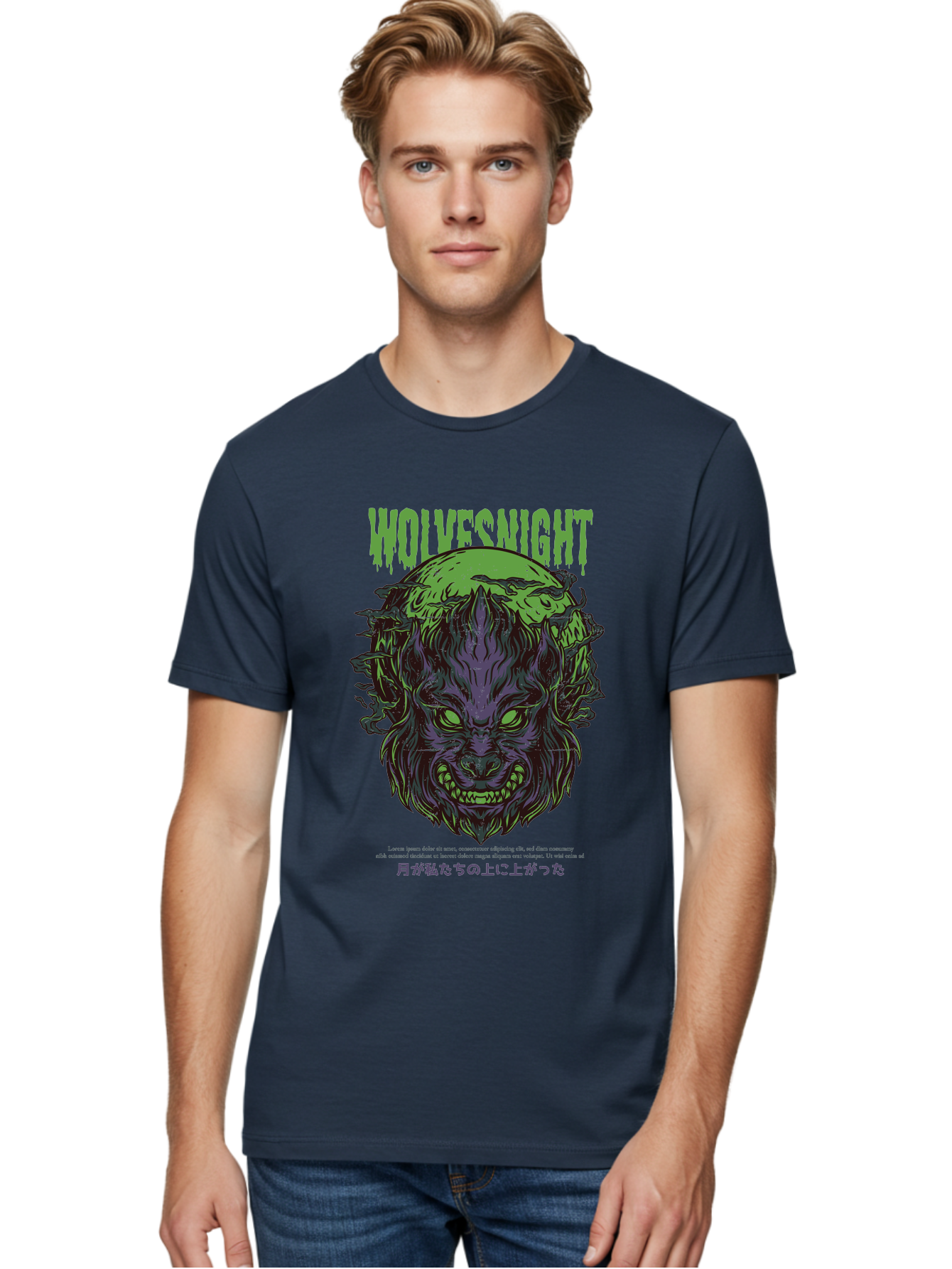 Wolvesnight Men'S Graphic Tee, 100% Cotton, Comfortable Casual Summer Wear, Machine Washable, Werewolf Illustration, Full Moon, Sharp Teeth, Glowing Eyes, Horror Theme, Dark Art, Mystical Creature, Legend Of The Wolf, Japanese Text, Aad991 4