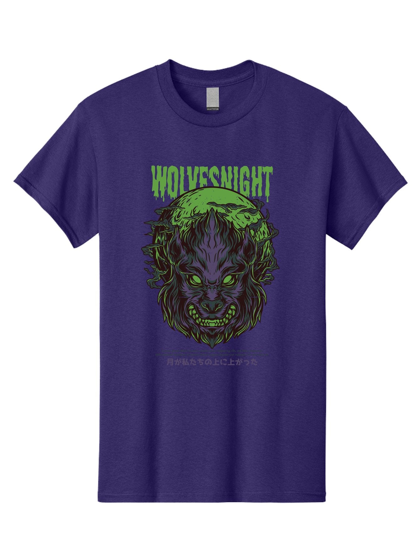 Wolvesnight Men'S Graphic Tee, 100% Cotton, Comfortable Casual Summer Wear, Machine Washable, Werewolf Illustration, Full Moon, Sharp Teeth, Glowing Eyes, Horror Theme, Dark Art, Mystical Creature, Legend Of The Wolf, Japanese Text, Aad991 13