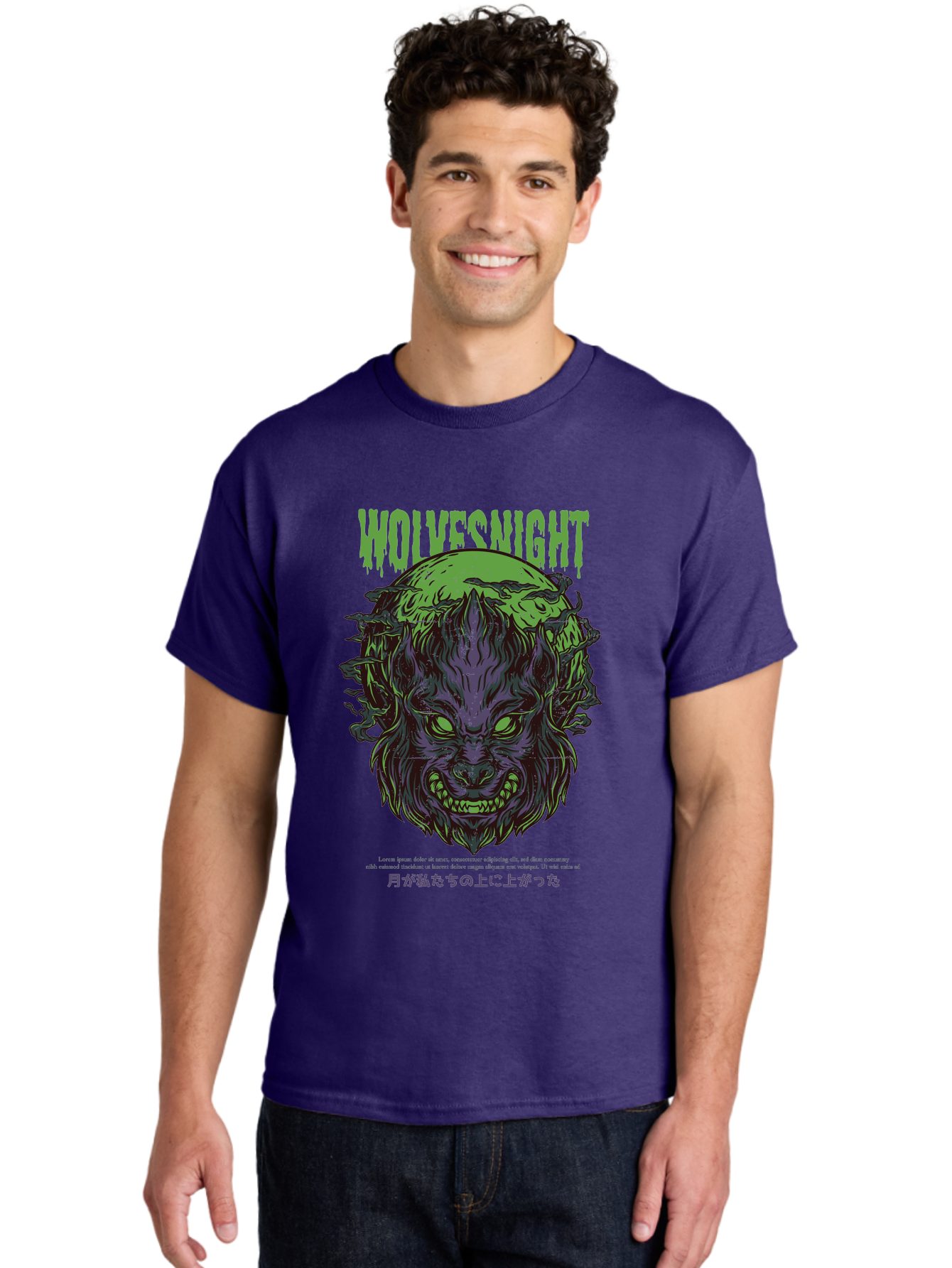 Wolvesnight Men'S Graphic Tee, 100% Cotton, Comfortable Casual Summer Wear, Machine Washable, Werewolf Illustration, Full Moon, Sharp Teeth, Glowing Eyes, Horror Theme, Dark Art, Mystical Creature, Legend Of The Wolf, Japanese Text, Aad991 30