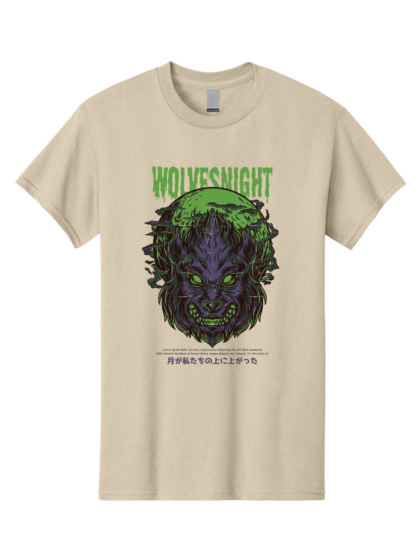 Wolvesnight Men'S Graphic Tee, 100% Cotton, Comfortable Casual Summer Wear, Machine Washable, Werewolf Illustration, Full Moon, Sharp Teeth, Glowing Eyes, Horror Theme, Dark Art, Mystical Creature, Legend Of The Wolf, Japanese Text, Aad991 15