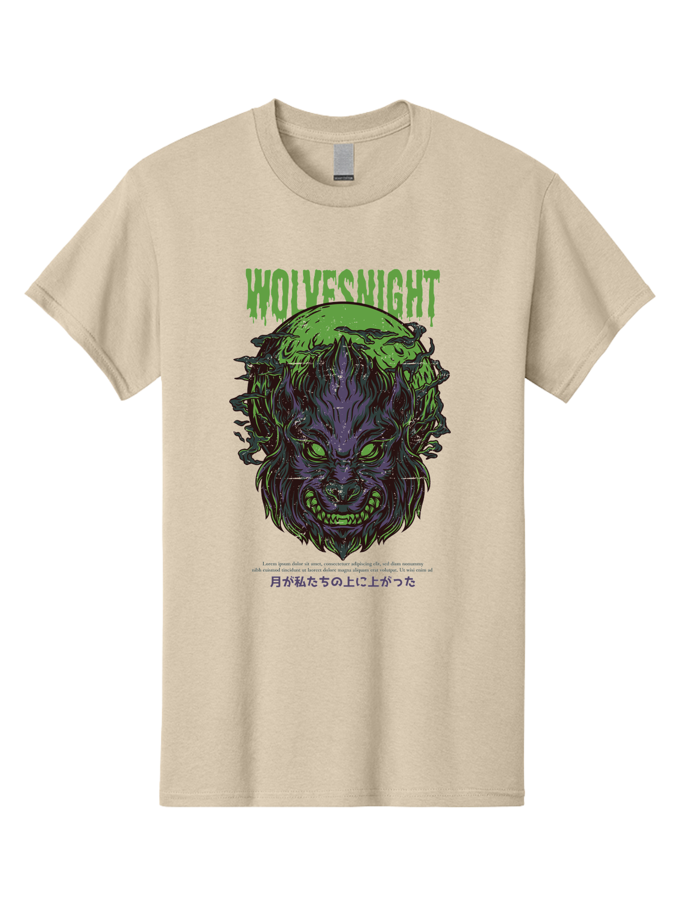 Wolvesnight Men'S Graphic Tee, 100% Cotton, Comfortable Casual Summer Wear, Machine Washable, Werewolf Illustration, Full Moon, Sharp Teeth, Glowing Eyes, Horror Theme, Dark Art, Mystical Creature, Legend Of The Wolf, Japanese Text, Aad991