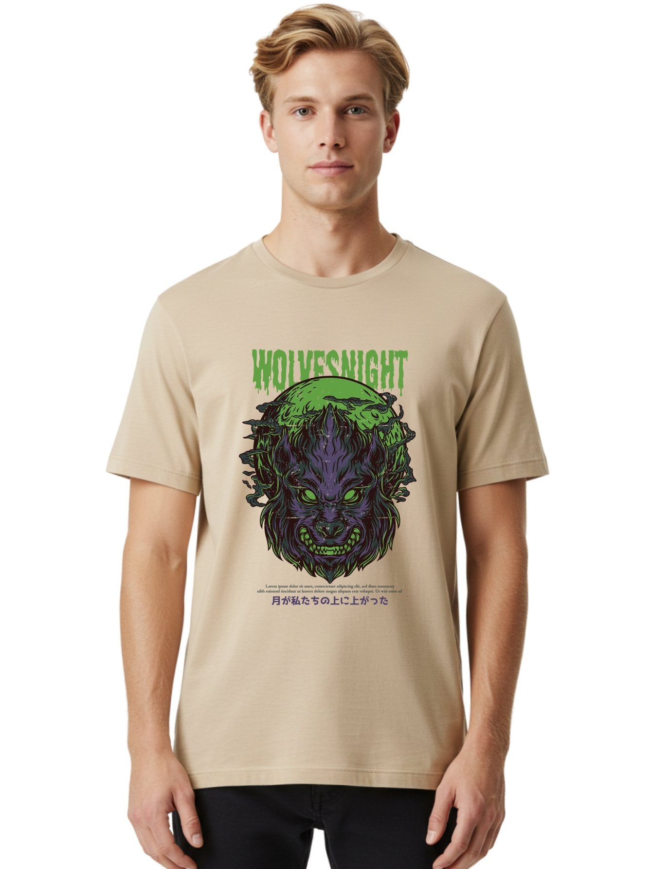 Wolvesnight Men'S Graphic Tee, 100% Cotton, Comfortable Casual Summer Wear, Machine Washable, Werewolf Illustration, Full Moon, Sharp Teeth, Glowing Eyes, Horror Theme, Dark Art, Mystical Creature, Legend Of The Wolf, Japanese Text, Aad991 30