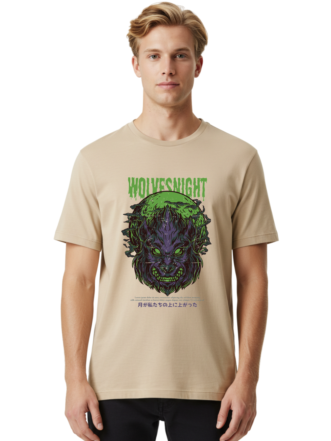 Wolvesnight Men'S Graphic Tee, 100% Cotton, Comfortable Casual Summer Wear, Machine Washable, Werewolf Illustration, Full Moon, Sharp Teeth, Glowing Eyes, Horror Theme, Dark Art, Mystical Creature, Legend Of The Wolf, Japanese Text, Aad991