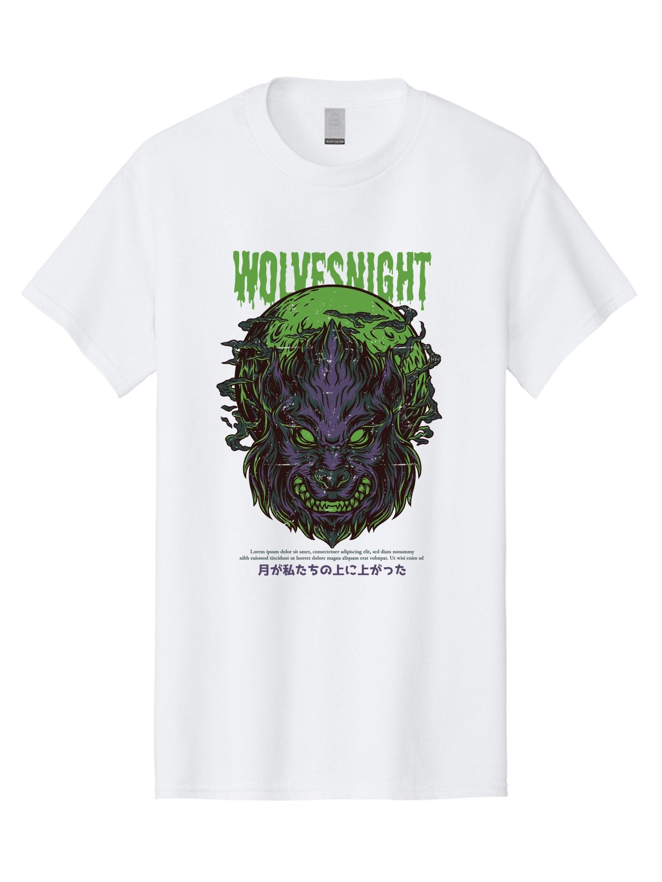 Wolvesnight Men'S Graphic Tee, 100% Cotton, Comfortable Casual Summer Wear, Machine Washable, Werewolf Illustration, Full Moon, Sharp Teeth, Glowing Eyes, Horror Theme, Dark Art, Mystical Creature, Legend Of The Wolf, Japanese Text, Aad991 9