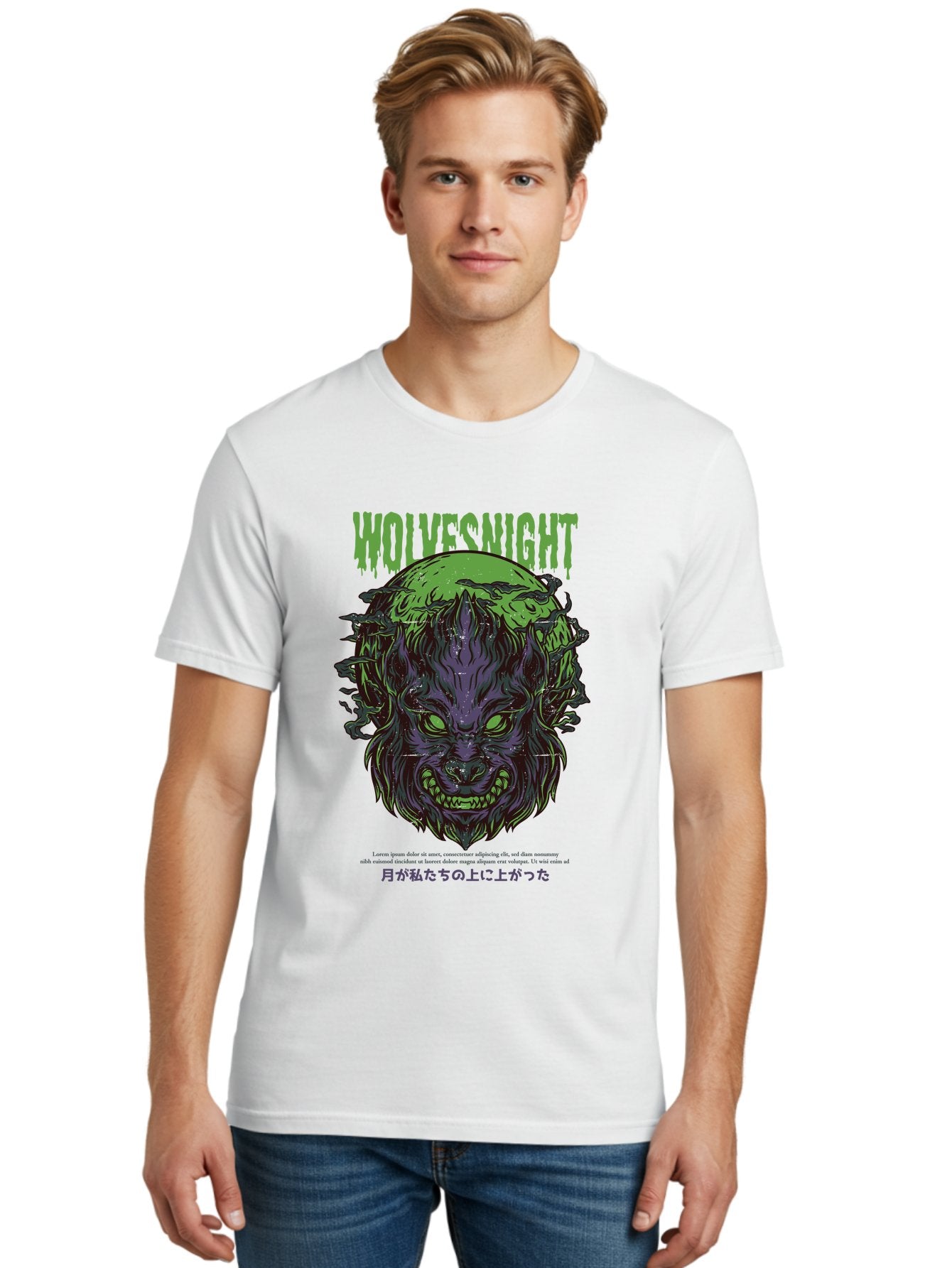 Wolvesnight Men'S Graphic Tee, 100% Cotton, Comfortable Casual Summer Wear, Machine Washable, Werewolf Illustration, Full Moon, Sharp Teeth, Glowing Eyes, Horror Theme, Dark Art, Mystical Creature, Legend Of The Wolf, Japanese Text, Aad991 26