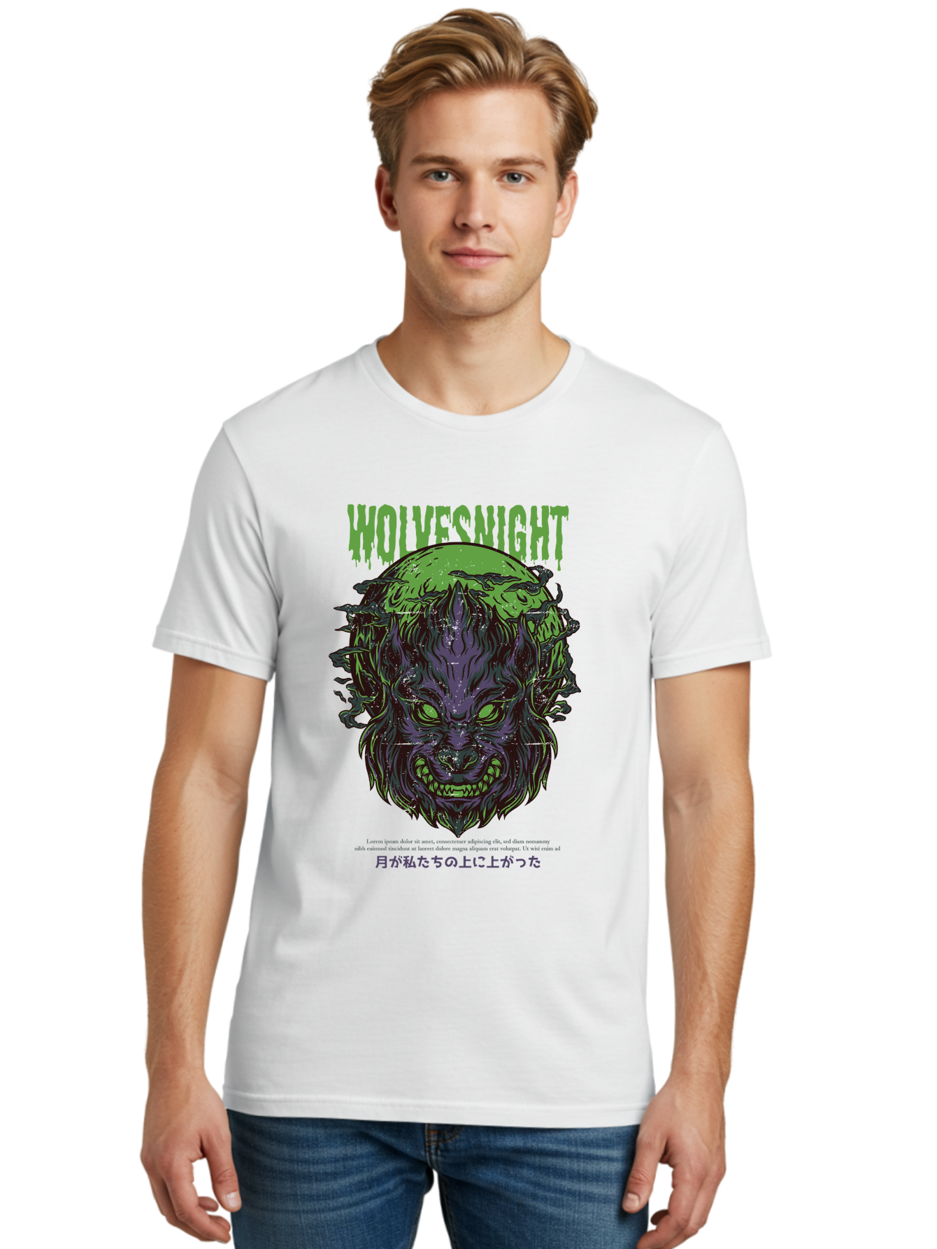 Wolvesnight Men'S Graphic Tee, 100% Cotton, Comfortable Casual Summer Wear, Machine Washable, Werewolf Illustration, Full Moon, Sharp Teeth, Glowing Eyes, Horror Theme, Dark Art, Mystical Creature, Legend Of The Wolf, Japanese Text, Aad991 10