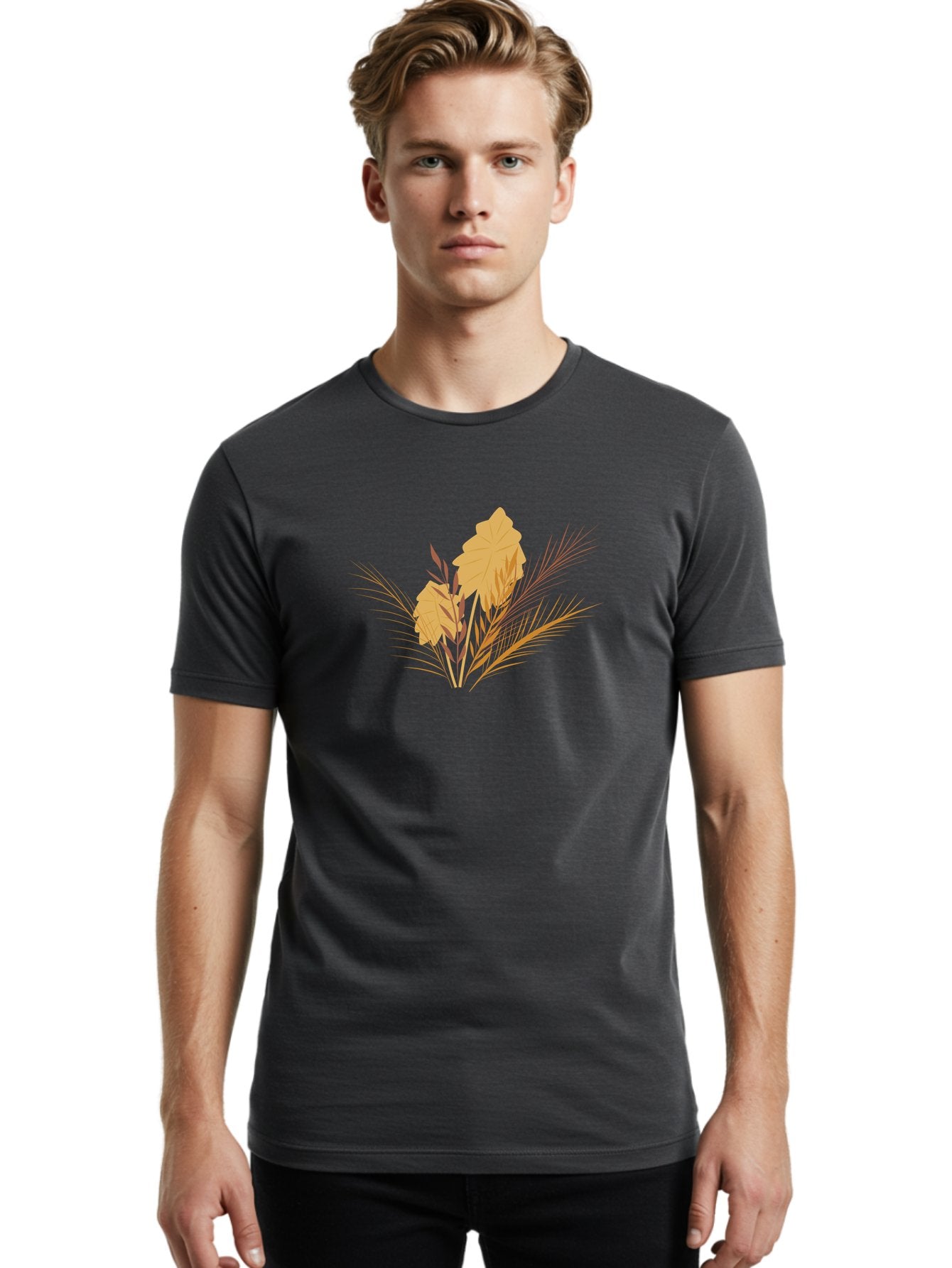 Autumn-Leaves Men'S Graphic Tee, 100% Cotton, Comfortable Casual Summer Wear, Machine Washable, Autumn Leaves, Fall Foliage, Nature Illustration, Stylized Plants, Graphic Design Elements, Digital Art, Orange Leaves, Red Stalks, Aad994 24