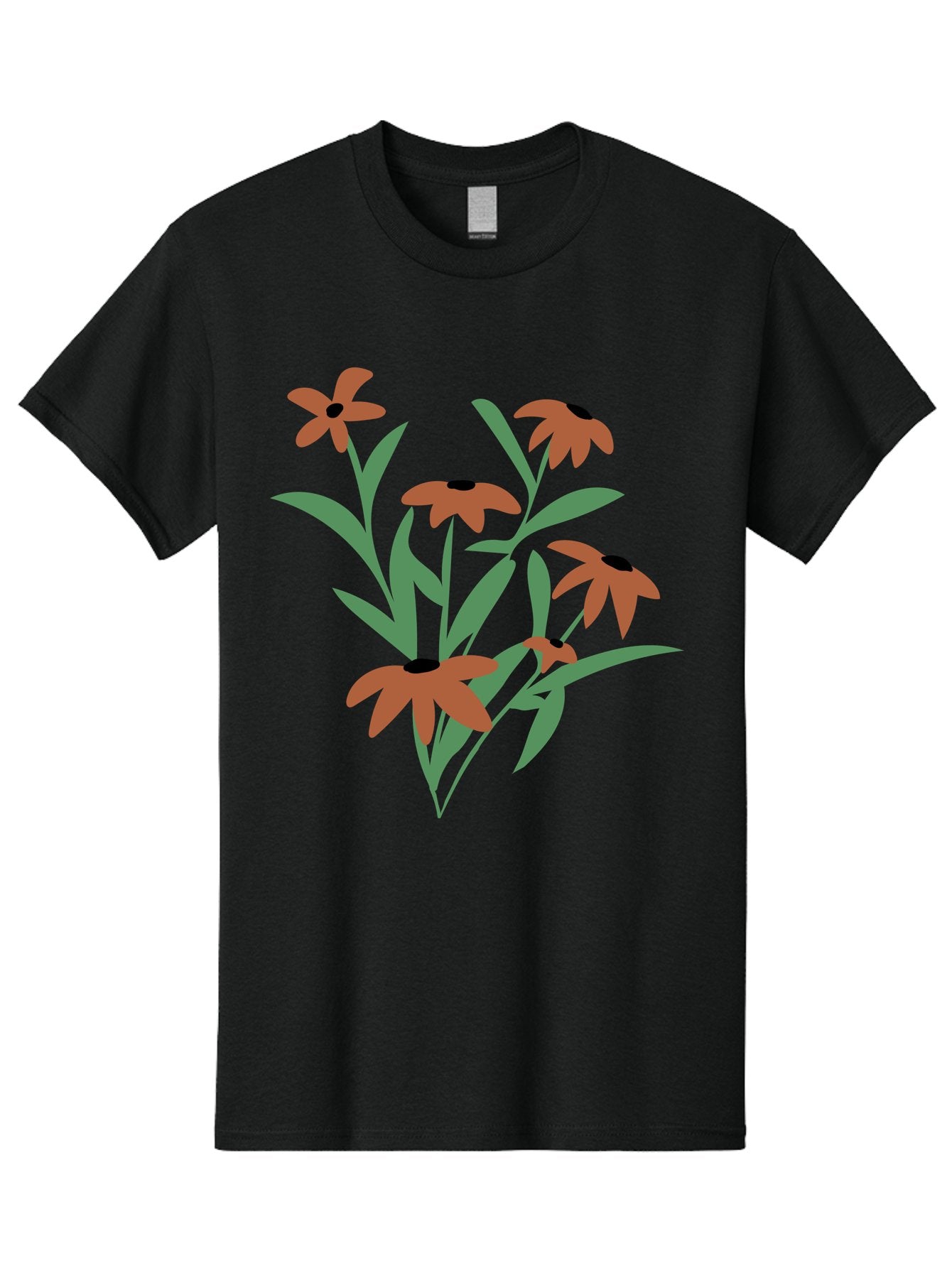 Black-Eyed-Susans-1 Men'S Graphic Tee, 100% Cotton, Comfortable Casual Summer Wear, Machine Washable, Black Eyed Susans, Orange Flowers, Green Leaves, Floral Arrangement, Abstract Art, Minimalist Design, Simple Elegance, Flower Bouquet, Aad998 6