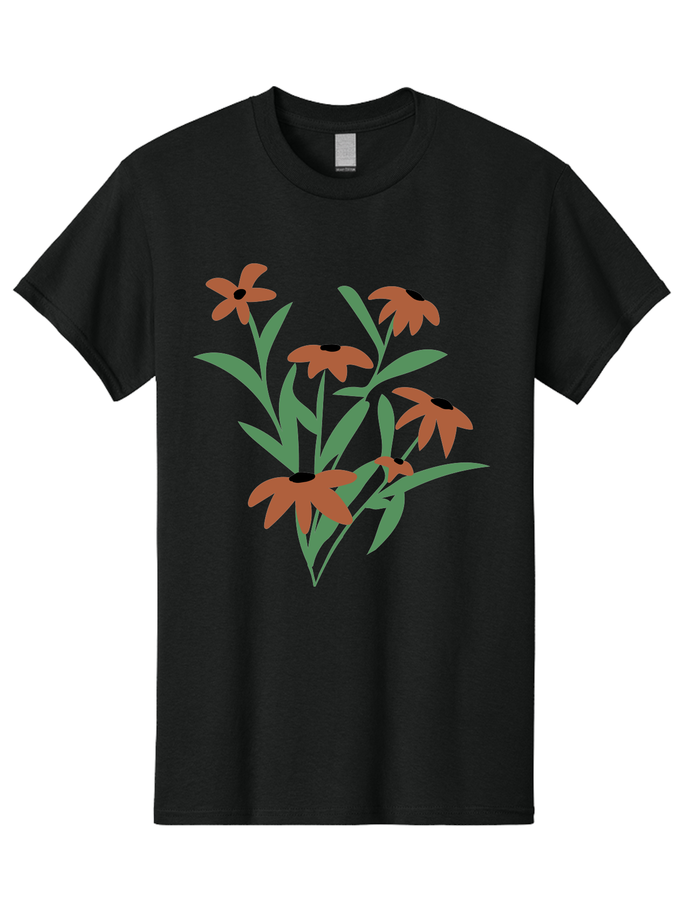 Black-Eyed-Susans-1 Men'S Graphic Tee, 100% Cotton, Comfortable Casual Summer Wear, Machine Washable, Black Eyed Susans, Orange Flowers, Green Leaves, Floral Arrangement, Abstract Art, Minimalist Design, Simple Elegance, Flower Bouquet, Aad998 13