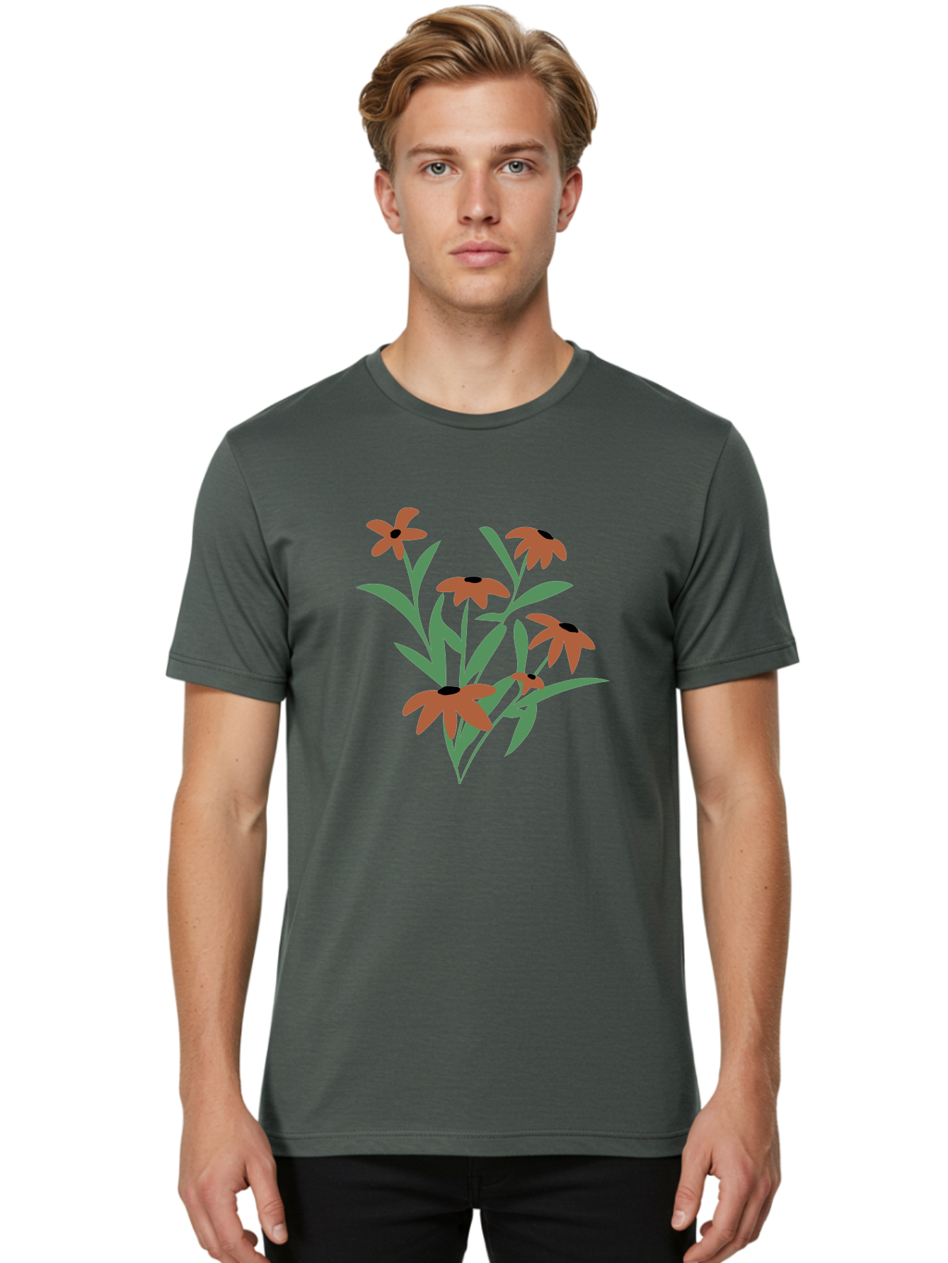Black-Eyed-Susans-1 Men'S Graphic Tee, 100% Cotton, Comfortable Casual Summer Wear, Machine Washable, Black Eyed Susans, Orange Flowers, Green Leaves, Floral Arrangement, Abstract Art, Minimalist Design, Simple Elegance, Flower Bouquet, Aad998 24