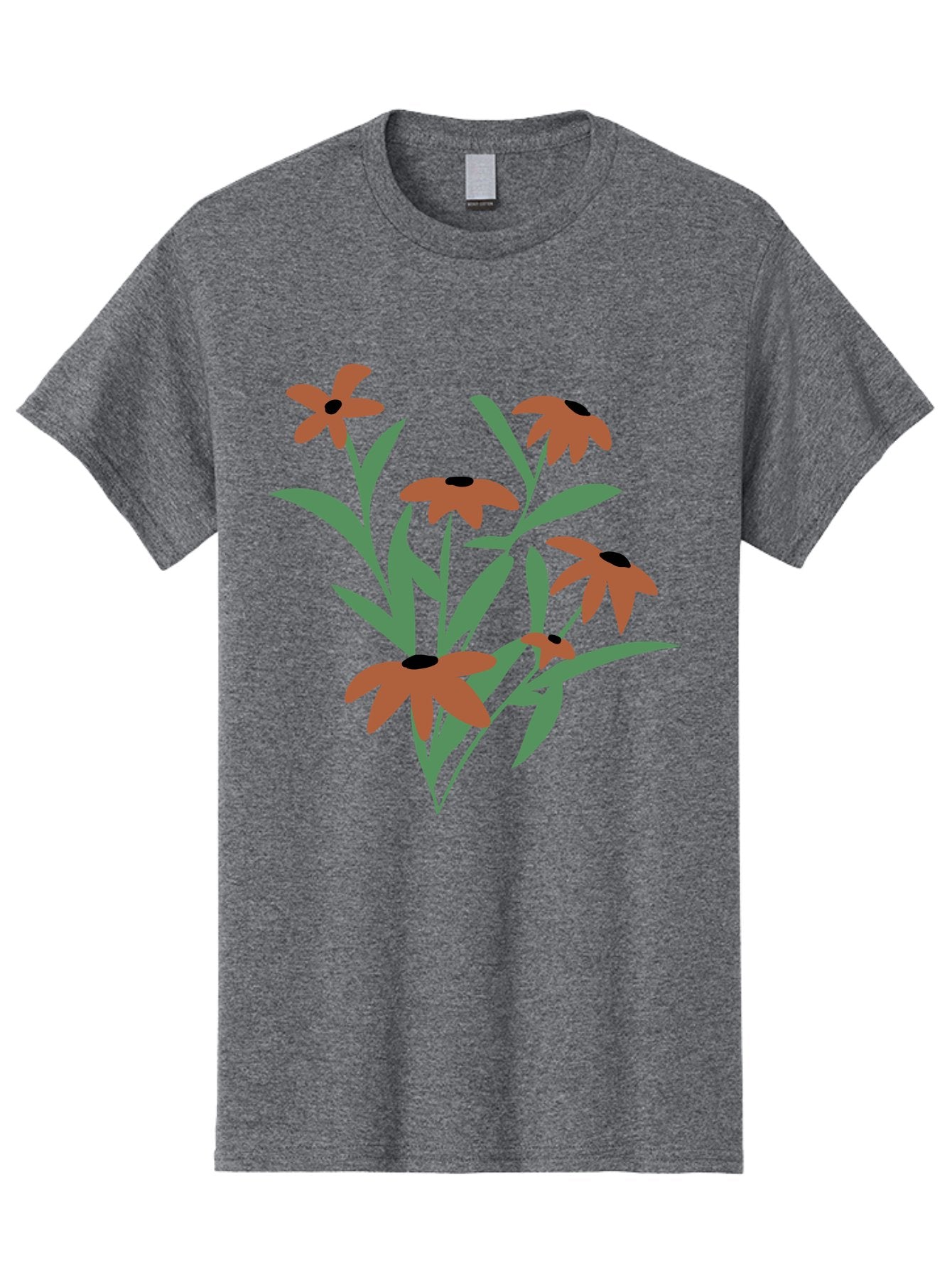 Black-Eyed-Susans-1 Men'S Graphic Tee, 100% Cotton, Comfortable Casual Summer Wear, Machine Washable, Black Eyed Susans, Orange Flowers, Green Leaves, Floral Arrangement, Abstract Art, Minimalist Design, Simple Elegance, Flower Bouquet, Aad998