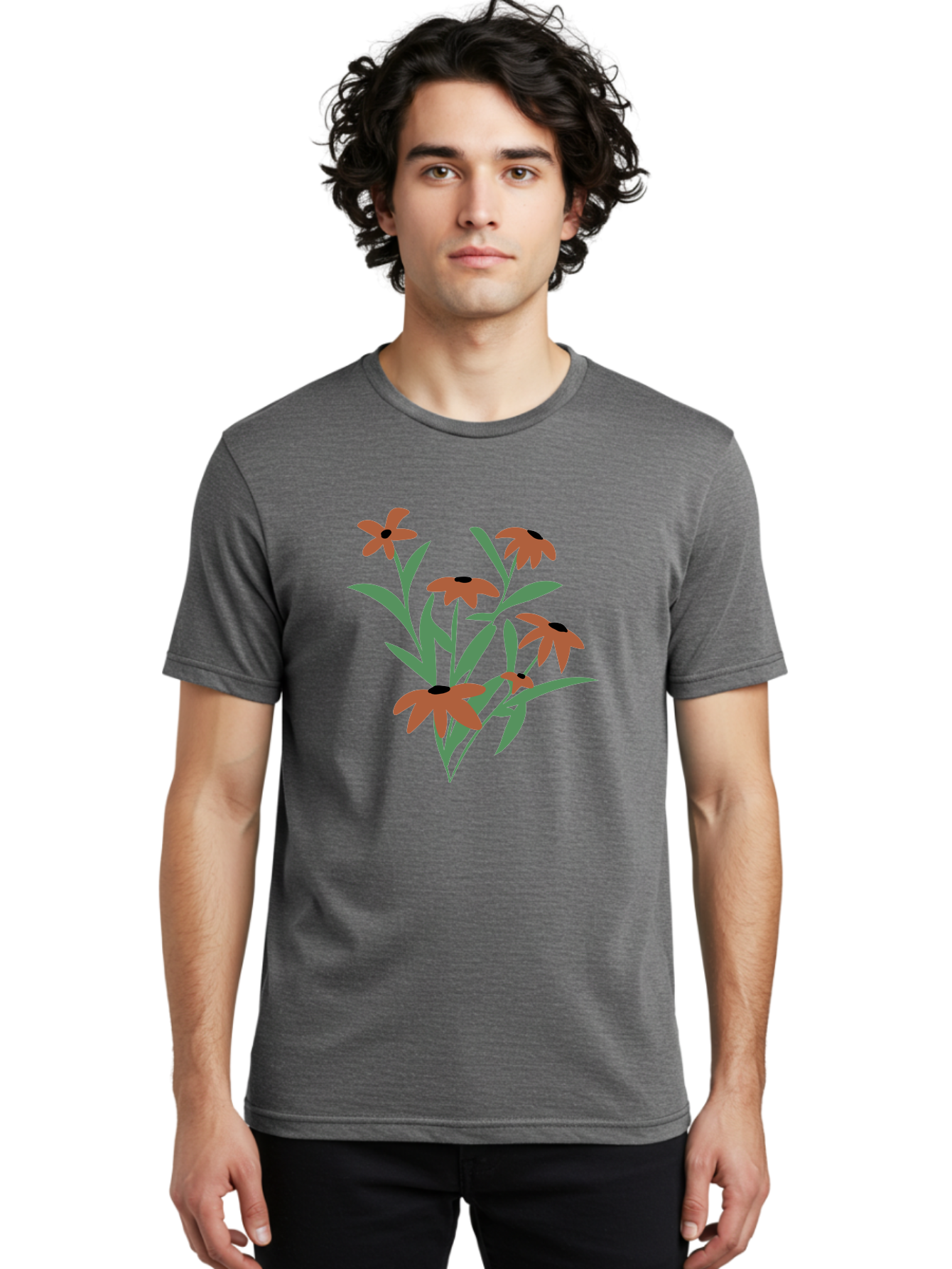 Black-Eyed-Susans-1 Men'S Graphic Tee, 100% Cotton, Comfortable Casual Summer Wear, Machine Washable, Black Eyed Susans, Orange Flowers, Green Leaves, Floral Arrangement, Abstract Art, Minimalist Design, Simple Elegance, Flower Bouquet, Aad998 20