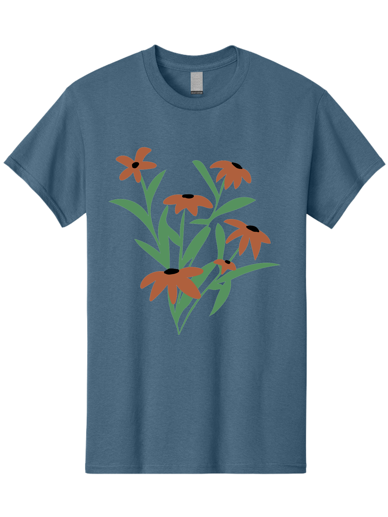 Black-Eyed-Susans-1 Men'S Graphic Tee, 100% Cotton, Comfortable Casual Summer Wear, Machine Washable, Black Eyed Susans, Orange Flowers, Green Leaves, Floral Arrangement, Abstract Art, Minimalist Design, Simple Elegance, Flower Bouquet, Aad998 9