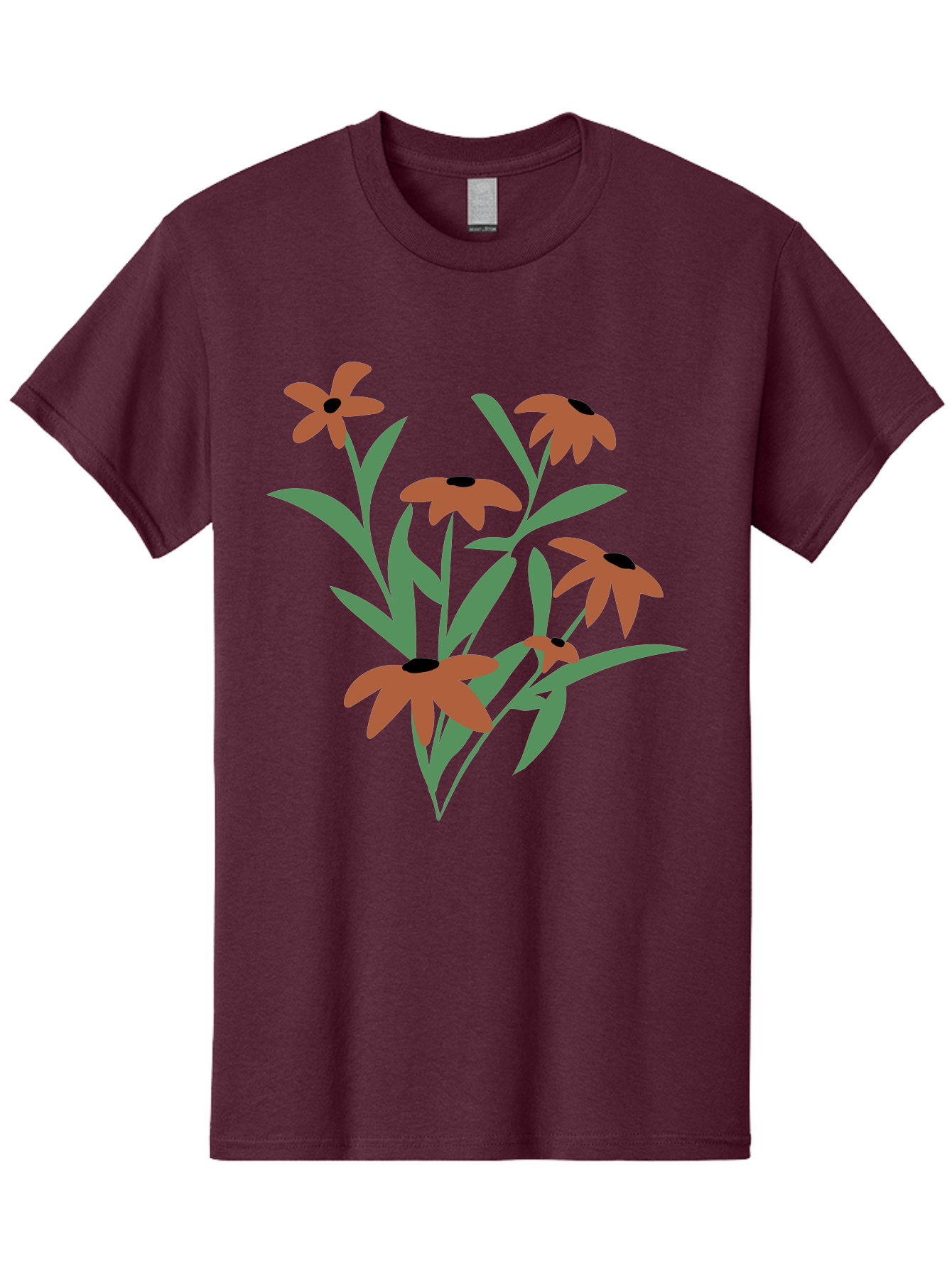 Black-Eyed-Susans-1 Men'S Graphic Tee, 100% Cotton, Comfortable Casual Summer Wear, Machine Washable, Black Eyed Susans, Orange Flowers, Green Leaves, Floral Arrangement, Abstract Art, Minimalist Design, Simple Elegance, Flower Bouquet, Aad998 5