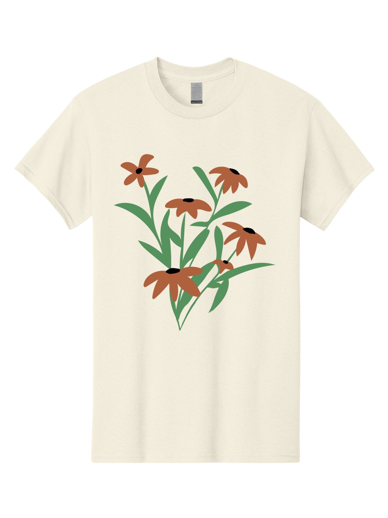 Black-Eyed-Susans-1 Men'S Graphic Tee, 100% Cotton, Comfortable Casual Summer Wear, Machine Washable, Black Eyed Susans, Orange Flowers, Green Leaves, Floral Arrangement, Abstract Art, Minimalist Design, Simple Elegance, Flower Bouquet, Aad998