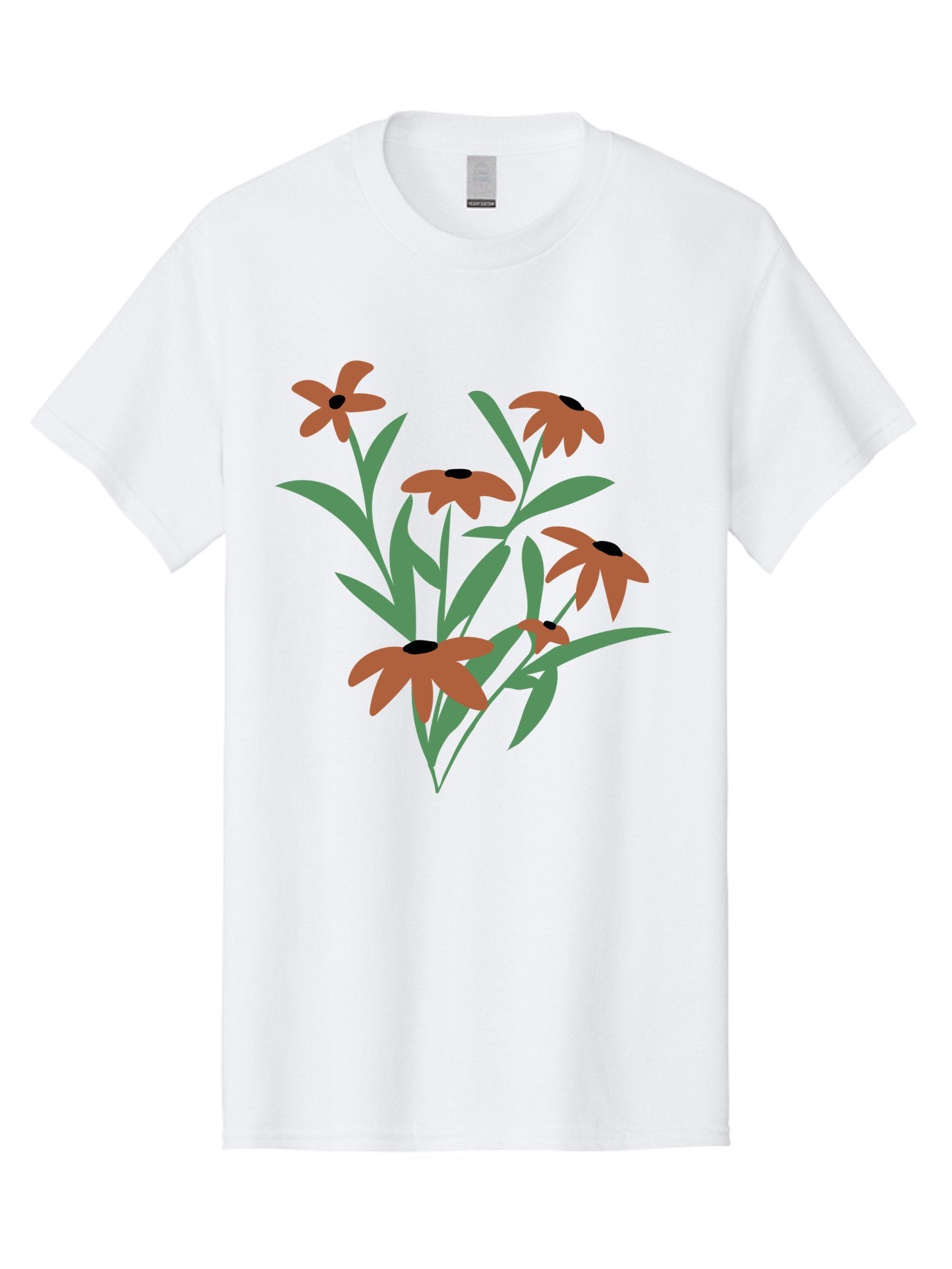 Black-Eyed-Susans-1 Men'S Graphic Tee, 100% Cotton, Comfortable Casual Summer Wear, Machine Washable, Black Eyed Susans, Orange Flowers, Green Leaves, Floral Arrangement, Abstract Art, Minimalist Design, Simple Elegance, Flower Bouquet, Aad998 15