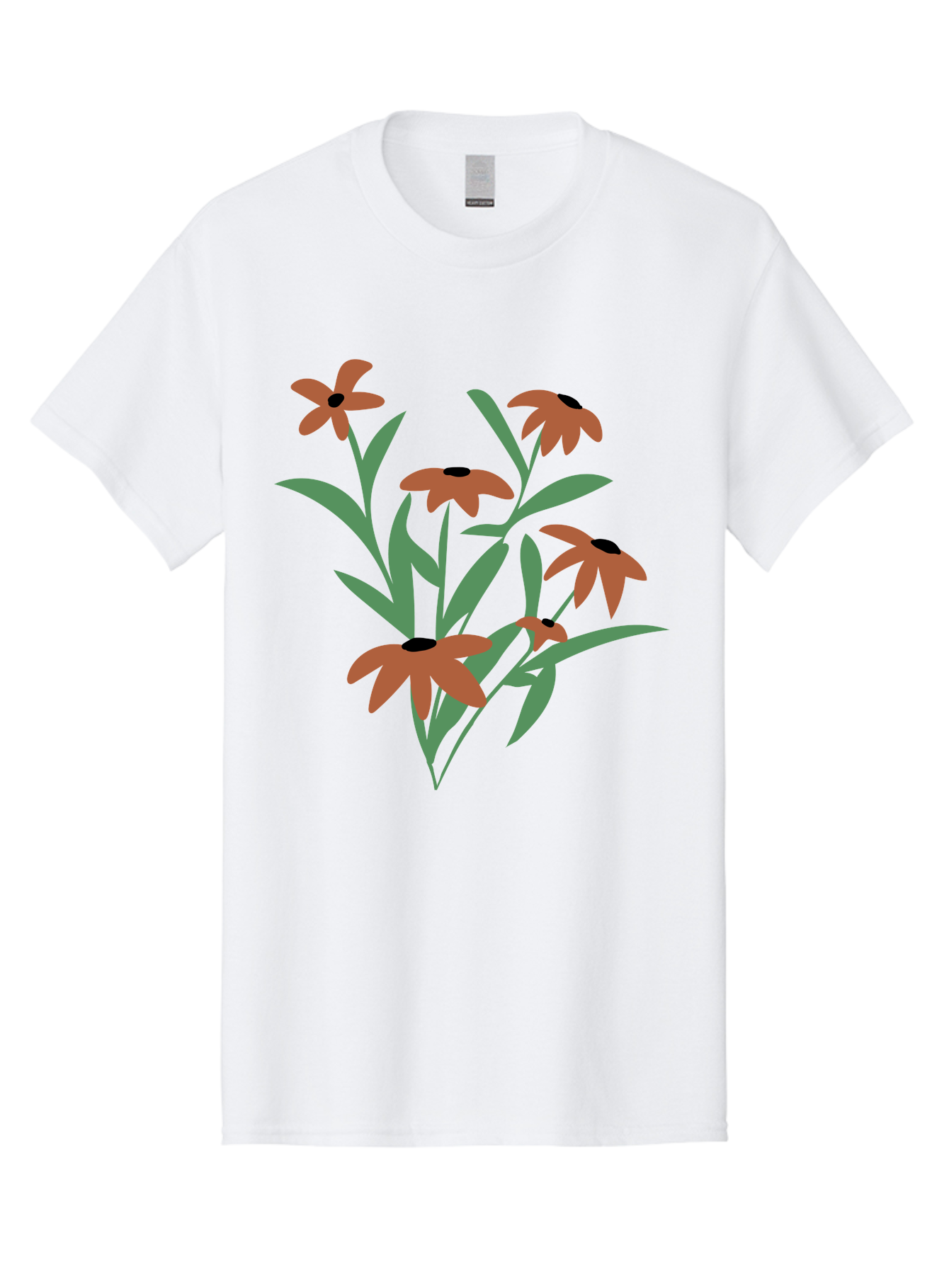 Black-Eyed-Susans-1 Men'S Graphic Tee, 100% Cotton, Comfortable Casual Summer Wear, Machine Washable, Black Eyed Susans, Orange Flowers, Green Leaves, Floral Arrangement, Abstract Art, Minimalist Design, Simple Elegance, Flower Bouquet, Aad998