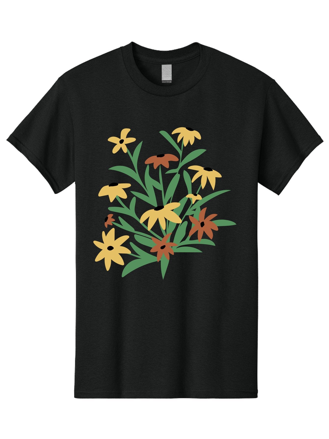 Black-Eyed-Susans Men'S Graphic Tee, 100% Cotton, Comfortable Casual Summer Wear, Machine Washable, Yellow Flowers, Red Flowers, Black Centers, Green Leaves, Floral Arrangement, Digital Illustration, Abstract Flowers, Simple Shapes, Aad999 11