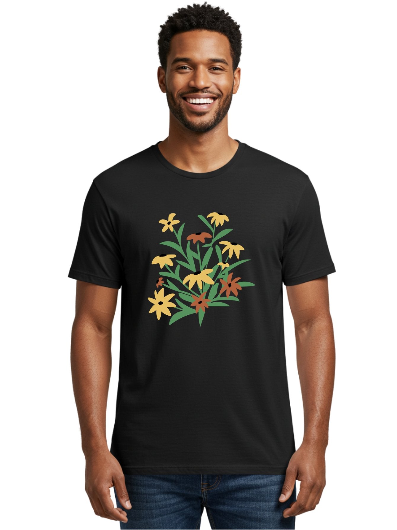 Black-Eyed-Susans Men'S Graphic Tee, 100% Cotton, Comfortable Casual Summer Wear, Machine Washable, Yellow Flowers, Red Flowers, Black Centers, Green Leaves, Floral Arrangement, Digital Illustration, Abstract Flowers, Simple Shapes, Aad999 27